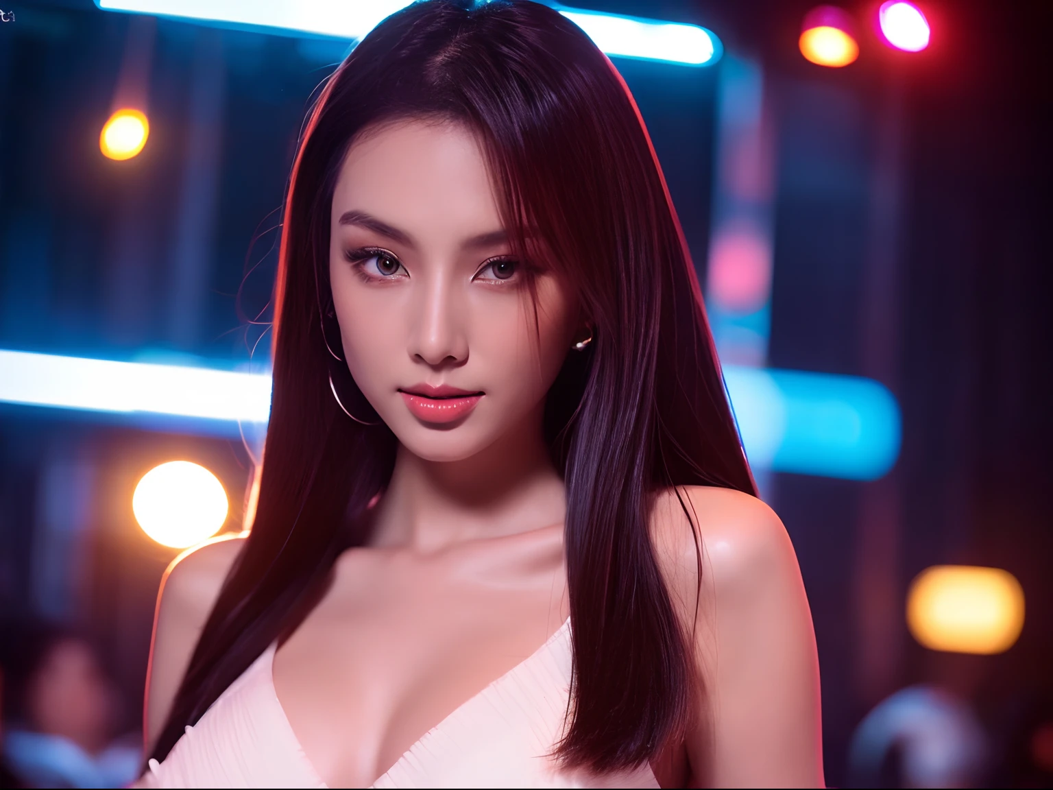 best quality, ultra hi-res, 1/2body portrait photo of a beautiful girl seductress, 20 year old, detailed face, in a night club, (face close up), straight look, award winning photo, Full HD, white lighting.
