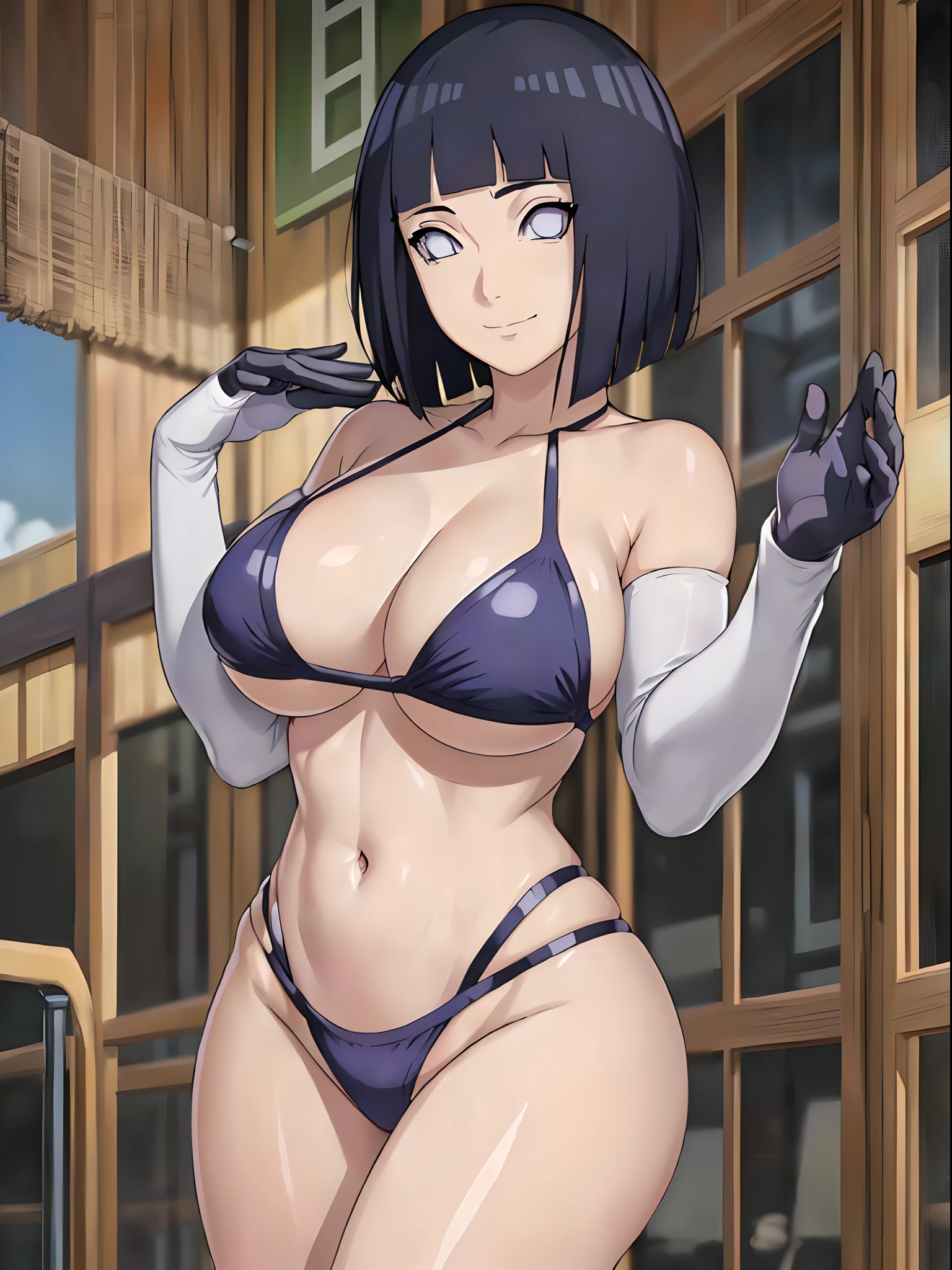 (4k, best quality, cowboy shot), (ultra detailed body, curvy), ((solo, 1 girl)), anime style, hires, ((white background)), (hinata\(boruto\), (female wrestler), (slender body, broad shoulders), (mature woman, milf), (black bikini, micro bikini, ultra detailed pro wrestling gear, long gloves), (extremely gorgeous), (tilt head, seductive look, ((seductive pose)), seductive face, seductive expression, smile, closed mouth), (pale skin, shiny skin, lighting and shadow), (dark blue hair color:1.1), wavy hair, ((short hair, hime cut), big breasts, ((detailed arm curves)), (long belly), (very seductive), (perfect eyes, white sciera, bright eyes, white eyes, anime eyes)