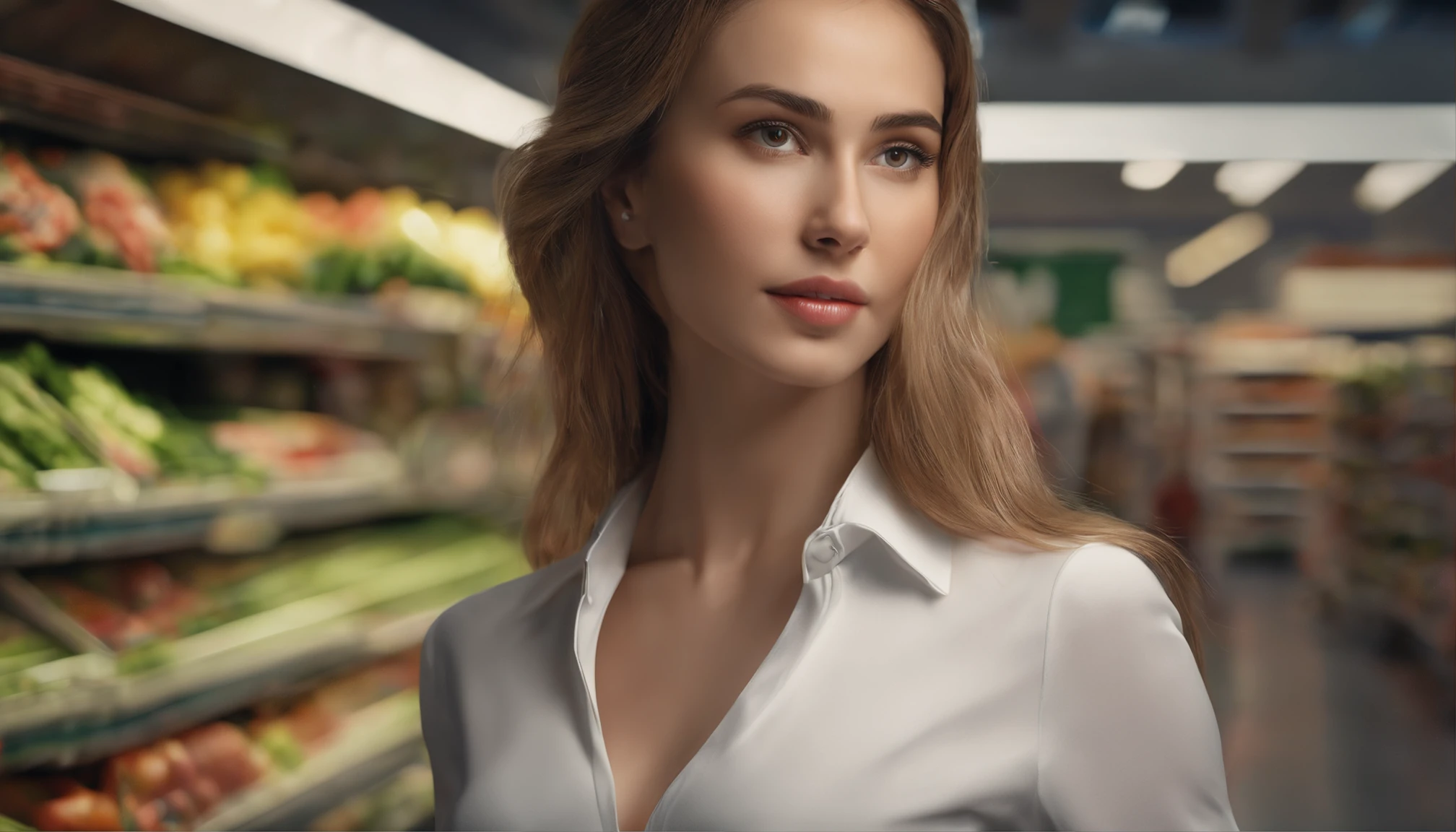 1girl, (at supermarket:1.2), ((white shirt:1.2)), RAW photo, (photorealistic:1.37, realistic), highly detailed CG unified 8K wallpapers, looking at viewer, (((straight from front))), (HQ skin:1.8, shiny skin), 8k uhd, dslr, soft lighting, high quality, film grain, Fujifilm XT3, ((upper body:1.6)), (professional lighting:1.6)
