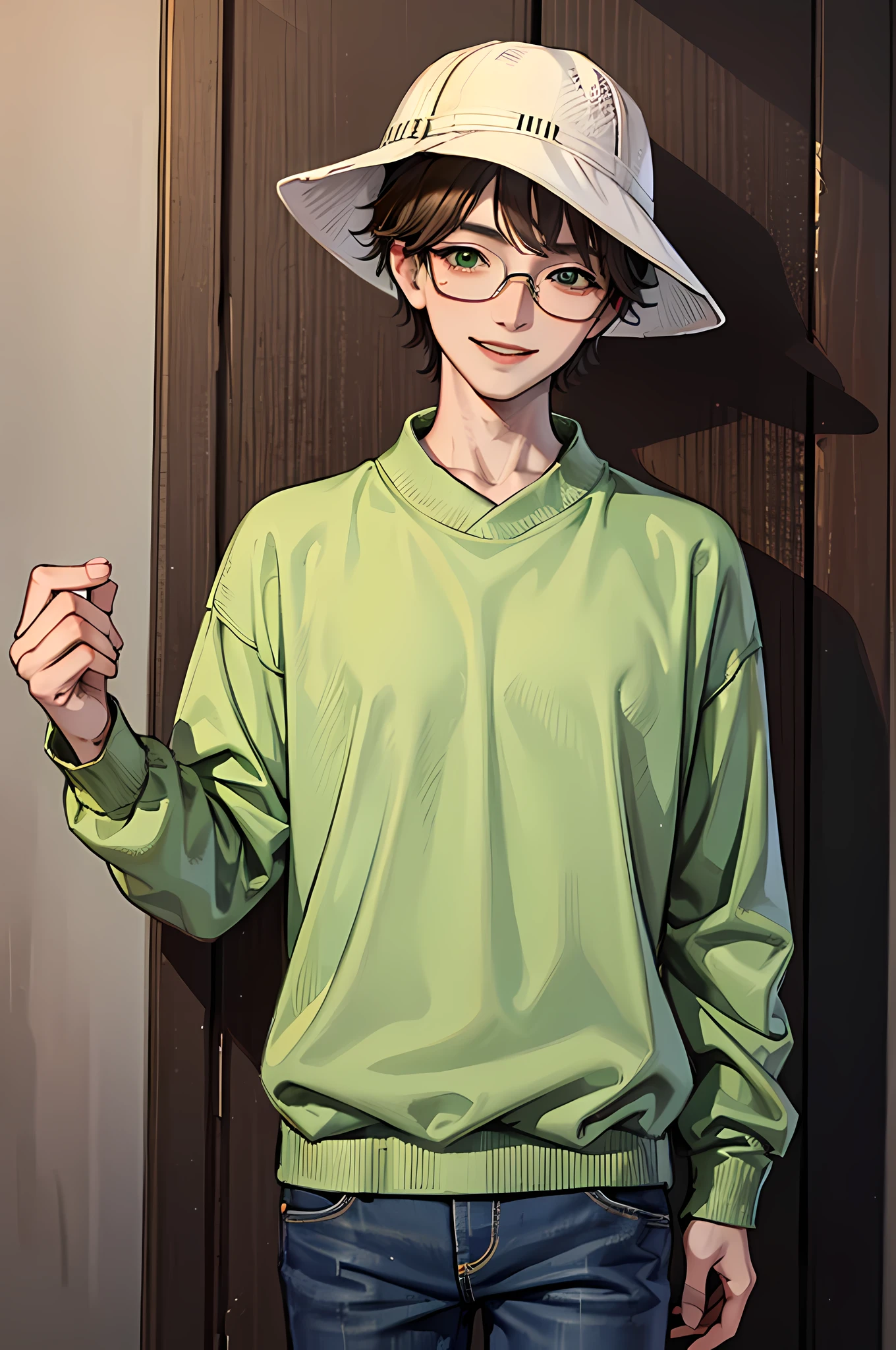 best quality,masterpiece,original,extremely detailed wallpaper,anime style,looking at viewer,1boy,male,male focus,solo,brown hair,(green sweater),collar,jeans,(white bucket hat),smile,glasses,standing,