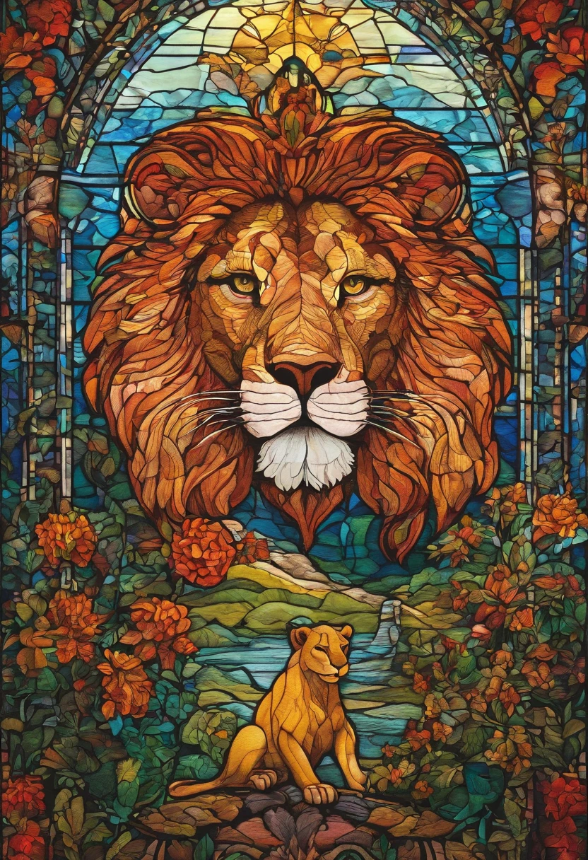 cinematic photo Embroidery of a presumption, evil lion, equiretangular 360, rei da floresta , arte por Michael Hutter . fotografia 35mm, Film, Bokeh, profissional, 4k, altamente detalhado