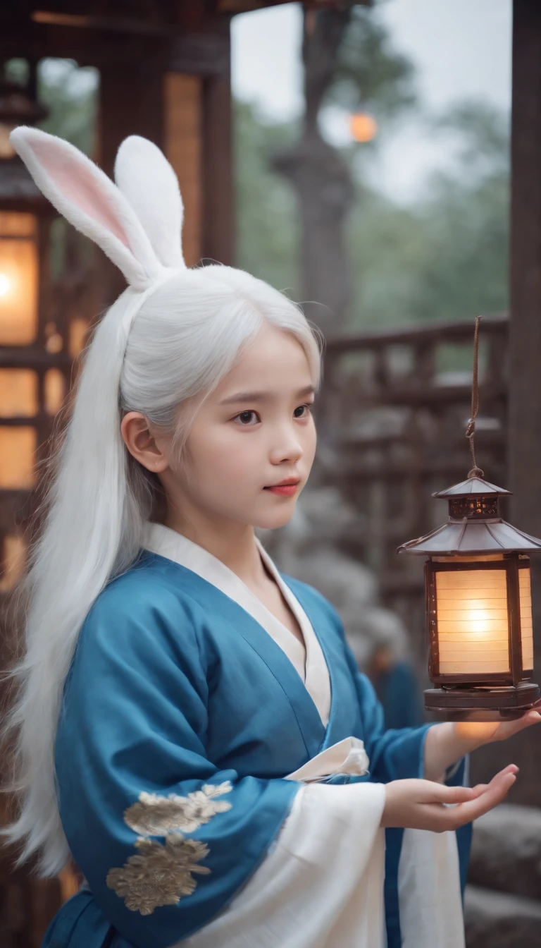cute female child,1girll,White hair,Blue Hanfu,Rabbit,Moon cake,lantern,
