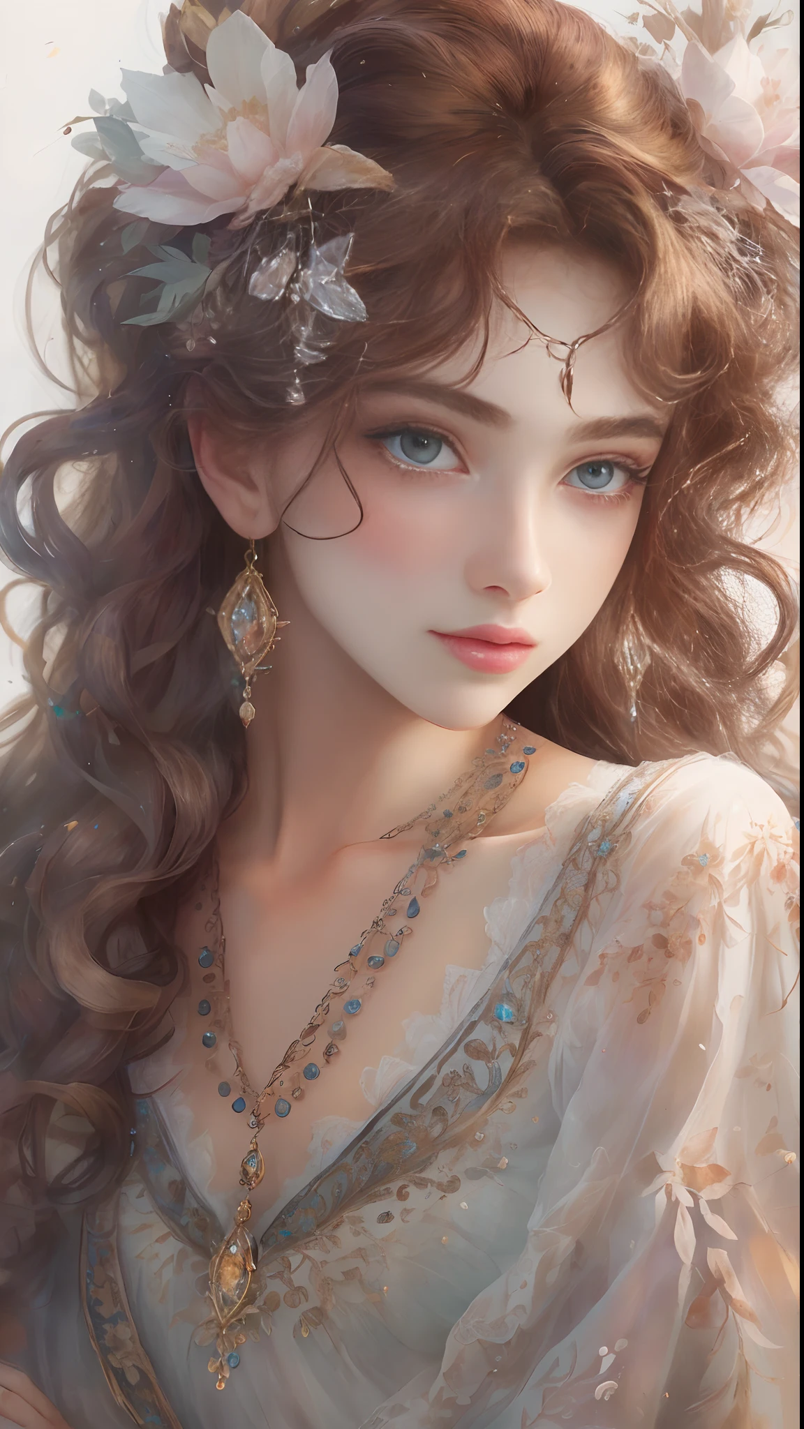 (Best quality, 4K, 8K, A high resolution, Masterpiece:1.2), Ultra-detailed, Realistic portrait of an 18 year old aristocratic girl, Exquisite facial features,Long brown curly hair details expressed, The posture is leisurely and natural,Graceful posture, Dreamy atmosphere, expressive brush strokes, mystical ambiance, Artistic interpretation,Delicately coiled hair,Floral jewelry with exquisite details, Crystal diamond jewelry,Small fresh aesthetics,Stunning intricate costumes, Fantasy illustration, Subtle colors and tones, mystical aura,The details have been upgraded