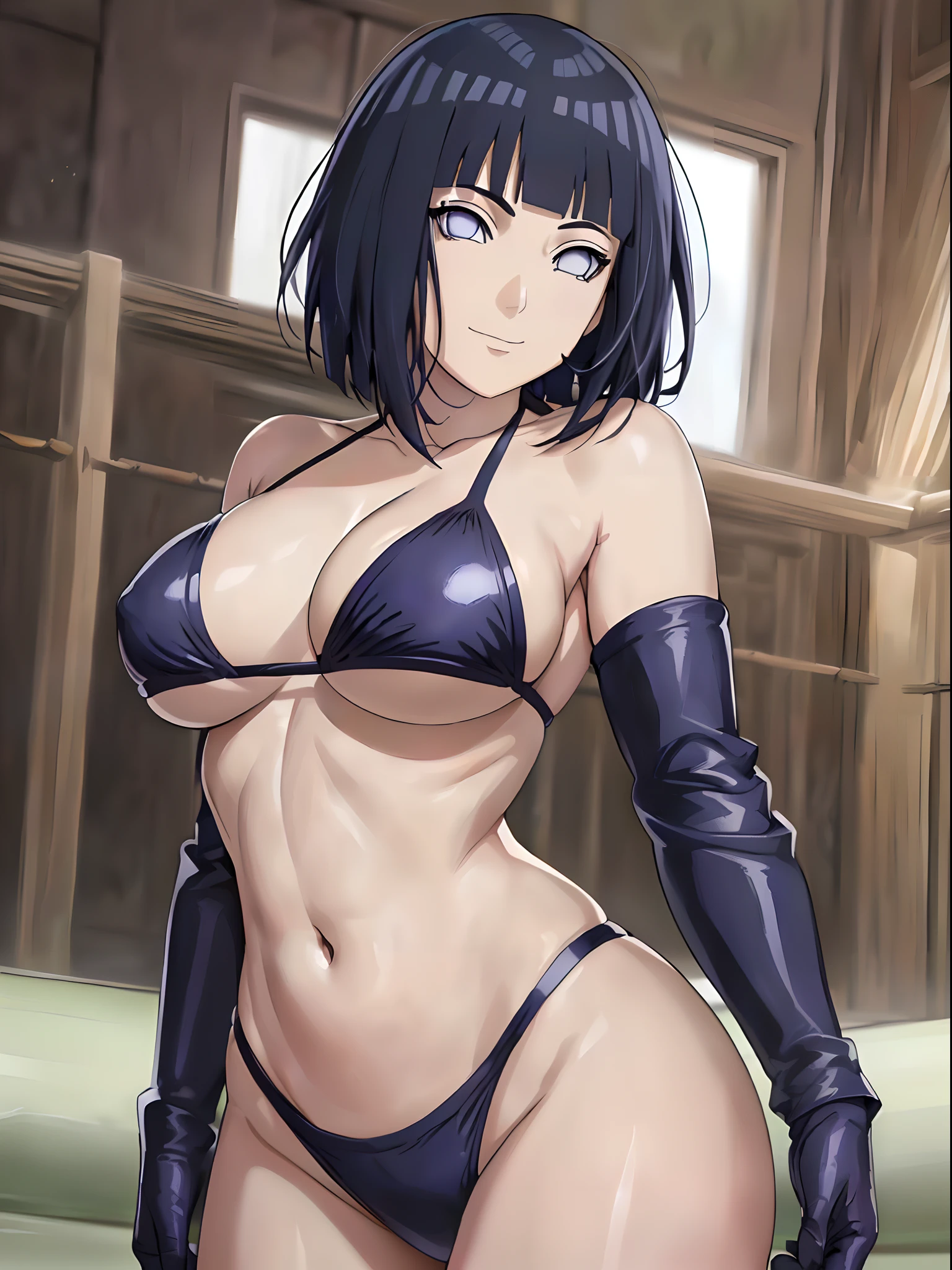 (4k, best quality, cowboy shot), (ultra detailed body, curvy), ((solo, 1 girl)), anime style, hires, ((white background)), (hinata\(boruto\), (female wrestler), (slender body, broad shoulders), (mature woman, milf), (black bikini, micro bikini, ultra detailed pro wrestling gear, long gloves), (extremely gorgeous), (tilt head, seductive look, ((seductive pose)), seductive face, seductive expression, smile, closed mouth), (pale skin, shiny skin, lighting and shadow), (dark blue hair color:1.1), wavy hair, ((short hair, hime cut), big breasts, ((detailed arm curves)), (long belly), (very seductive), (perfect eyes, white sciera, bright eyes, white eyes, anime eyes)