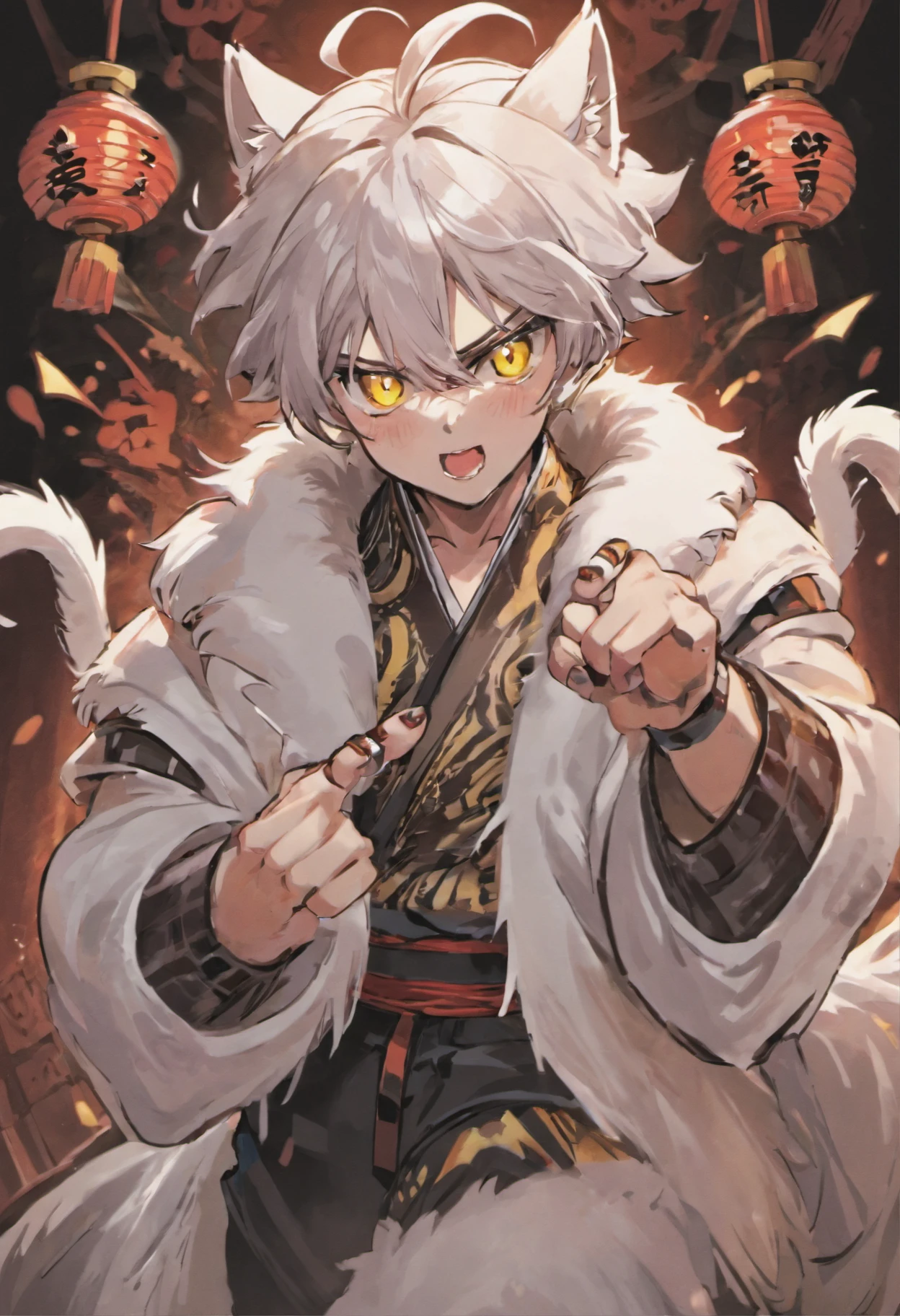 a cool，badness，20代の男性，With manly silver hair，Dog ears grow from the head，Tun-tsun hair，Wolfcut，dishevled hair，White attire，Decorative collar，tusk，yellow  eyes，sharp big eyes，Rampaging figure，battleing，Dog tail，furred，nails are long，Muscular masterpieces、Disheveled clothes，top-quality、(illustratio)、boyish、(White hair)、(Fur and white clothes)、Background of Japan Shrine