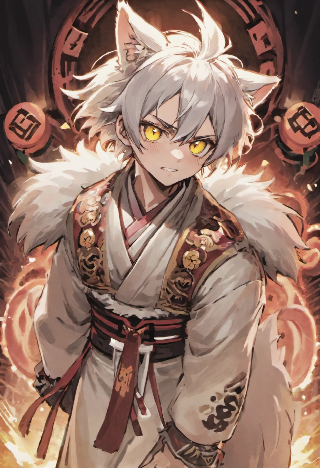 a cool,badness,20代の男性,With manly silver hair,Dog ears grow from the head,Tun-tsun hair,Wolfcut,dishevled hair,White attire,Decorative collar,tusk,yellow eyes,sharp big eyes,Rampaging figure,battleing,Dog tail,furred,nails are long,Muscular masterpieces、Disheveled clothes,top-quality、(illustratio)、boyish、(White hair)、(Fur and white clothes)、Background of Japan Shrine