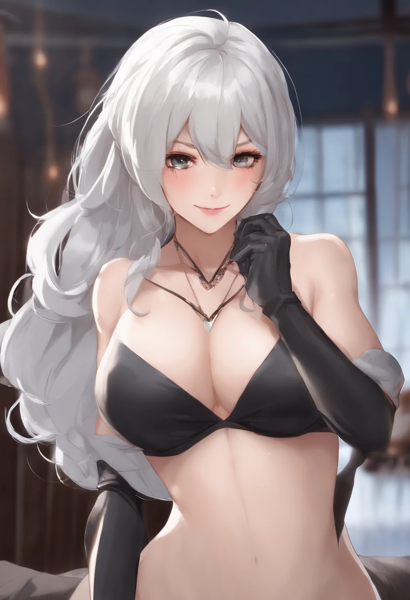 (4k, mirror view, best quality, cowboy shot), (ultra detailed body, curvy), ((solo, 1 girl)), anime style, hires, ((white background)), (hinata\(boruto\), (female wrestler), (slender body, broad shoulders), (mature woman, milf), (black bikini, micro bikini, ultra detailed pro wrestling gear, long gloves), (extremely gorgeous), (tilt head, seductive look, ((seductive pose)), seductive face, seductive expression, smile, closed mouth), (pale skin, shiny skin, lighting and shadow), (dark blue hair color:1.1), wavy hair, ((short hair, hime cut), big breasts, ((detailed arm curves)), (long belly), (very seductive), (perfect eyes, white sciera, bright eyes, white eyes, anime eyes)