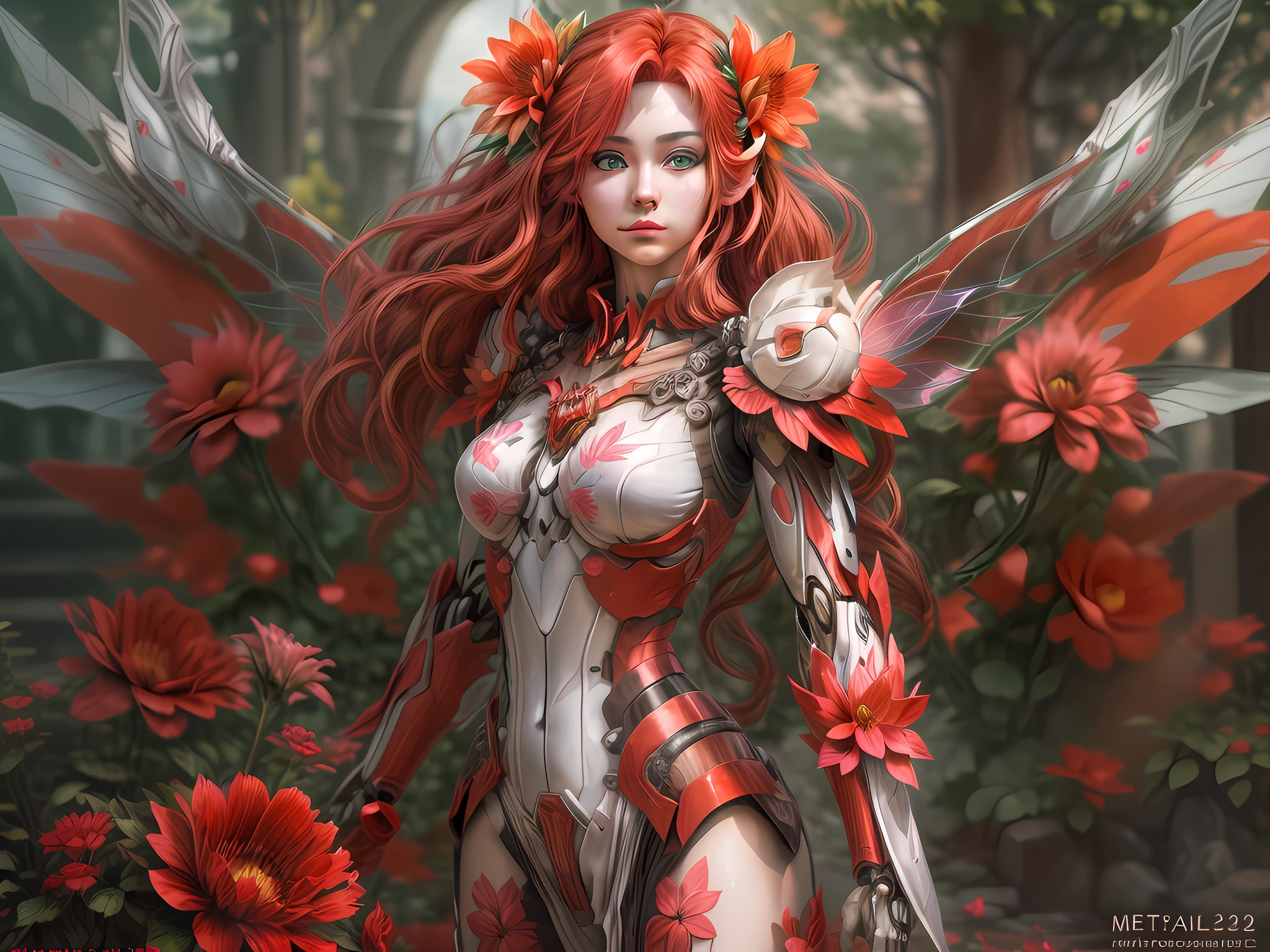a picture of a woman mecha fairy standing near a red flower full body, an exquisite beautiful (ultra detailed, Masterpiece, best quality: 1.3) female mecha fairy, dynamic angle (best detailed, Masterpiece, best quality), best detailed face (best detailed, Masterpiece, best quality), ultra feminine (best detailed, Masterpiece, best quality), red hair, long hair, braided hair, dynamic eyes color, fairy_wings spread bright colors (mechanical fairyl wings: 1.2), (wearing mecha clothes: 1.4),  standing near a (red flower: 1.3) , day light, sun rising,  high details, fantasy art, RPG art best quality, 16k, [ultra detailed], masterpiece, best quality, (ultra detailed), full body, ultra wide shot, photorealistic, mecha musume