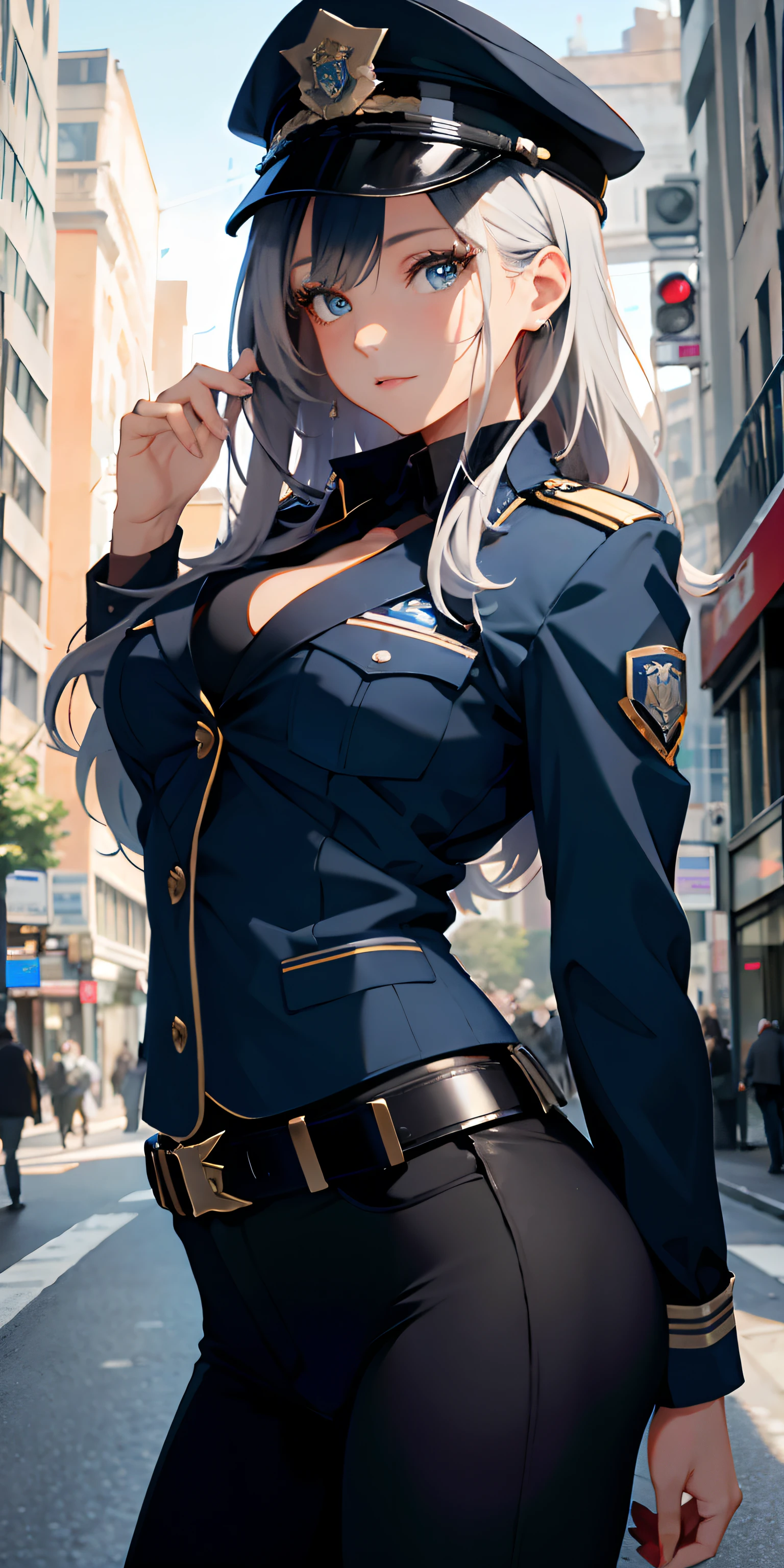 Absurd resolution, A high resolution, (tmasterpiece:1.4), ultra - detailed, 1girll, wearing police officer uniform, the city street,sexyposture, The camera is close to the body,blue color eyes,cabelos preto e longos