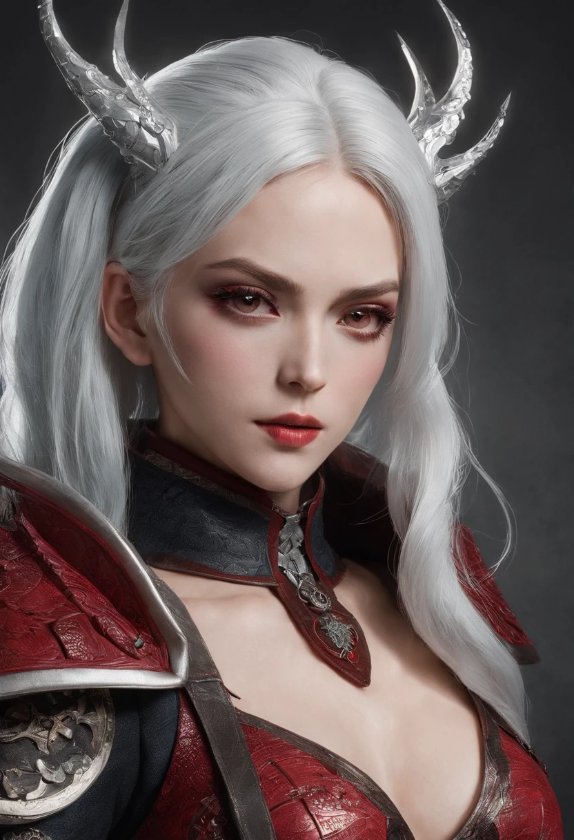 Cirilla Fiona Elen Riannon，Highest image quality，Outstanding details，超高分辨率，（Fidelity：1.4）, Favor the details，closeup cleavage，dawn，Snow，winter，Wizard Sword，He has a delicate and beautiful face，Red Japanese oni armor，Raised sexy，frontage，cyber punk perssonage，Futuristic，mechanically aesthetic，Virtual Engine 5，Perfect detail rendering，rendering by octane，hyper HD