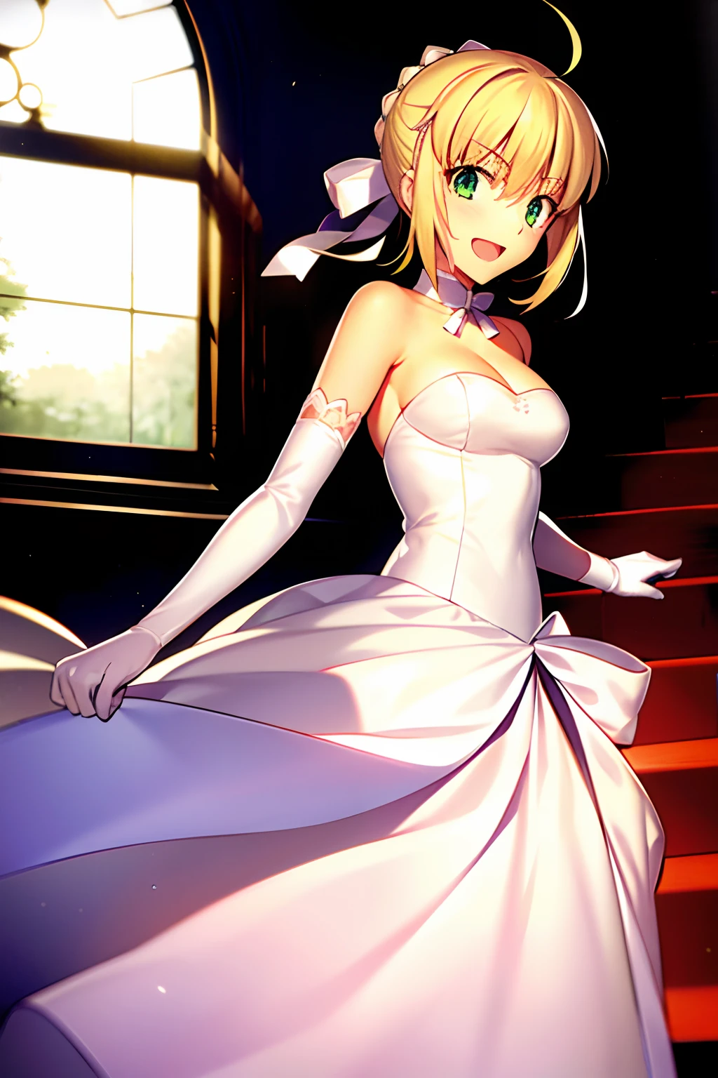 takashi takeuchi,

Artorian Pendragon \(Fate\), Saber,
1girl in, :D, Ahoge, Blonde hair, breasts, Choker, cleavage, 鎖骨, Dress, elbow groves, gloves, Green eyes, hair between eye, Hair Ribbon, Indoors, Looking at Viewer, medium breasts, Open mouth, bow ribbon, ribbon choker, Short hair, Smile, duo, stairs, Strapless, straplessdress, wedding dress, White Dress, White Gloves, White ribbon, , ((masutepiece))