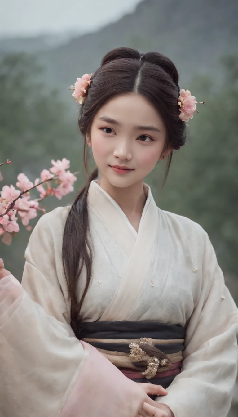1girll, Moon, hair adornments, full moon, Cloud, sky,Night, Chinese clothes, Solo, Smile, Wide sleeves, Night sky, Long sleeves, flower, hug, hair flower, petals, child, Blush, parted lip, Black hair, Rabbit, Cloudy sky, forehead mark, Black eyes, face markings, updo, Artist name, Animal hugs, Hanfu, hair-bun, Girl child, Holding, Outdoors, Short hair, sleeves past wrists