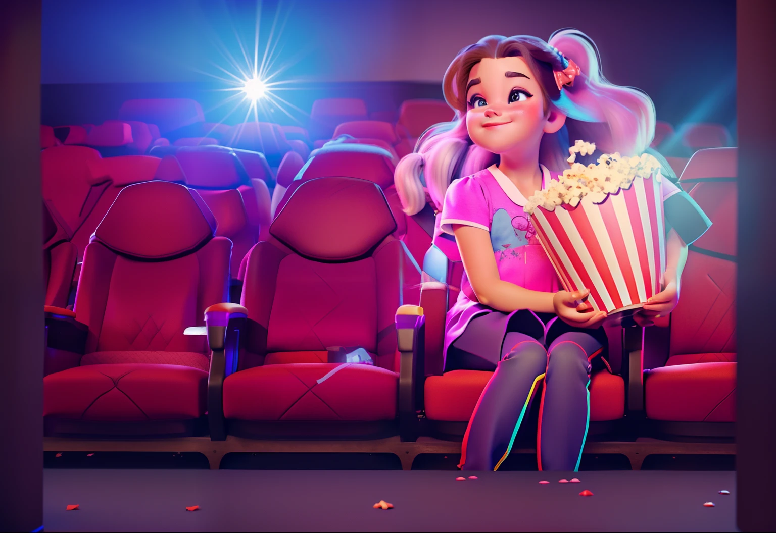 A young girl sits in a seat in a movie theater, pony tails, Popcorn bucket in one hand, Various other details, 16K Ultra HD Vivid Color Masterpiece Ultra Cinematic Resolution, Disney