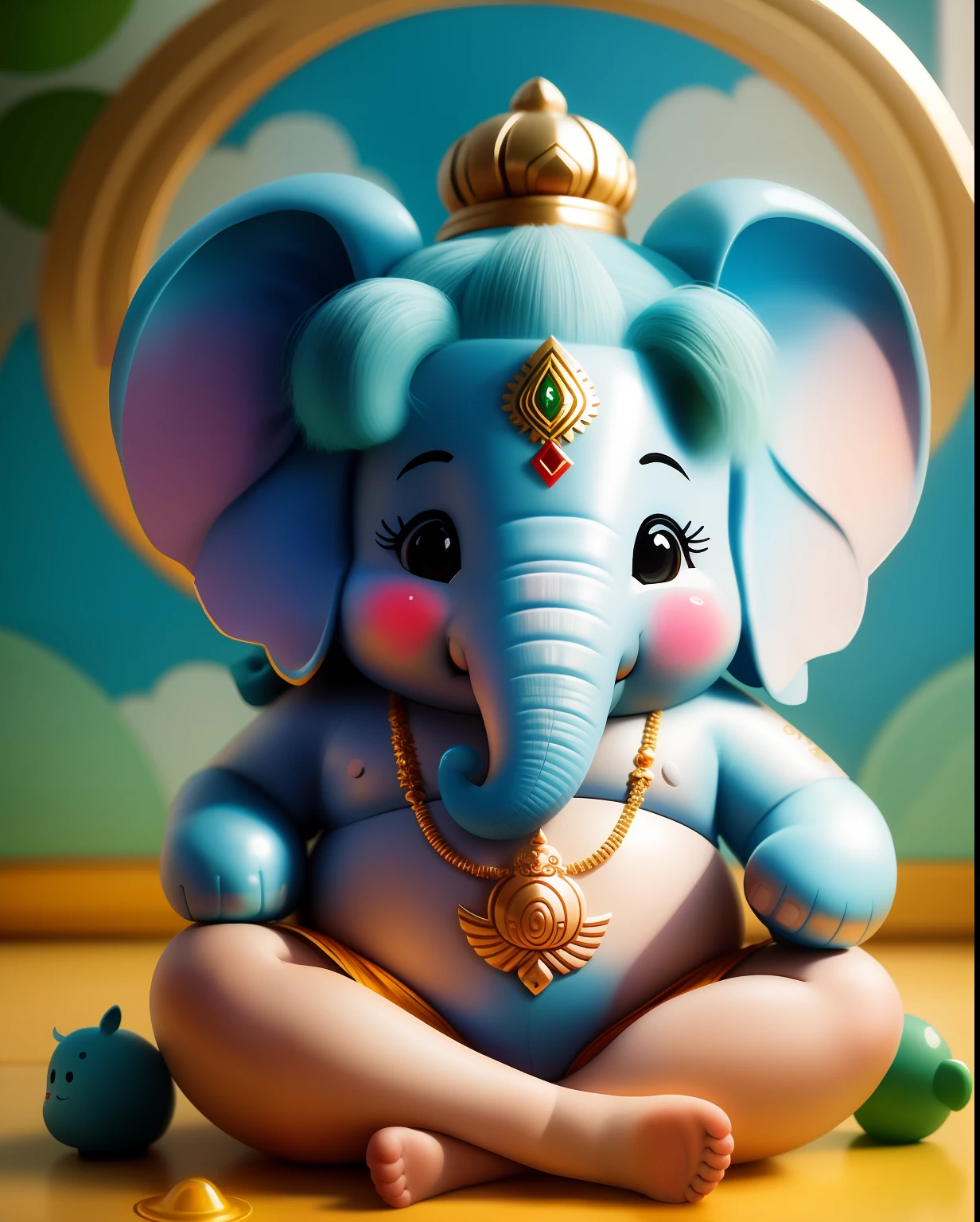 Create a cartoon illustration of a  elephant as a Hindu god ganesh, bal ganesh