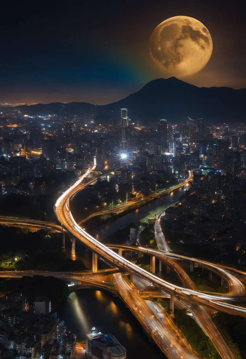 Giant crescent moon、high-level image quality、raw、20-year-old woman、nighttime scene、Milky Way Galaxy、Andromeda Nebula、tokyo streets、Flowing Lines of Light、Metropolitan Expressway Junction、Bang、Rainbow Bridge、Planetary approach