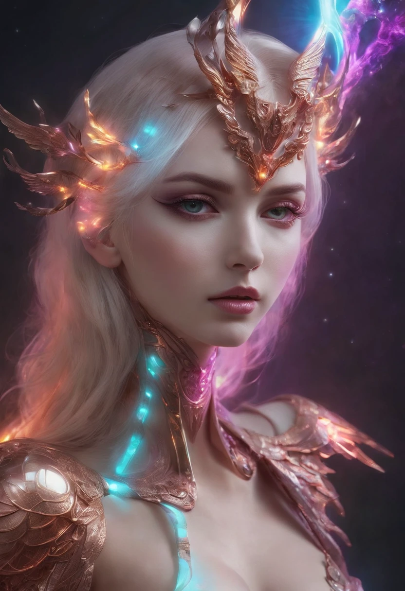 Cosmic Fallen Angel, glowing light eyes, Delicate and beautiful face,Bigchest,Biomechanical, eerie, Dream-like, Very bright colors, Light particles, with light glowing, Lucifer, wallpaper art, UHD wallpaper