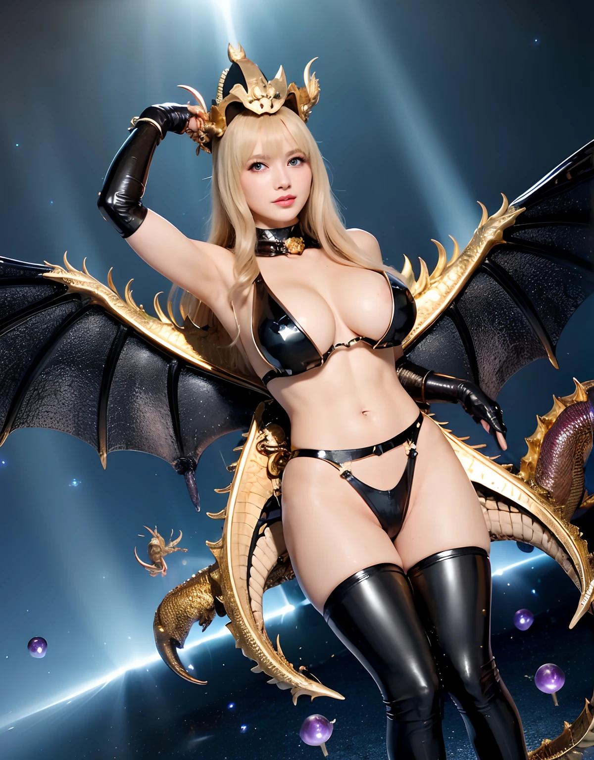 ((World of Darkness)),Professional , masterpiece、top-quality、photos realistic , depth of fields 、(((Fight dragons))),(Dragon Black Metal Body:1.9),(Latex Blue、(cleavage of the breast),(Fight dragons)、Full Body Angle、(((Particles of light))),(Micro Bikini Armor:1.7),Gorgeous gold weapons ,(Fight dragons)、Seductive look、The face of the dragon is out、(blood splattere、Armpit、((((With a magic wand))), ) , (((Wearing a black latex wizard hat))),(demonic wings) ,((a blond))、(Castle background)、((Gangle's forest background))、Beautiful Caucasian beauty、1a person、Armpit、dynamic ungle,(((Detailed Gold Dragon Wizard Hat)))、Smaller head、A smile、Castle background、Thin and beautiful female hands、cleavage of the breast、Soldier in iron armor on background、Mystical expression、Light Effects、intense fighting、Wind-effect、magic circles、With the legendary magic wand、Dragon's tail、explosions、Toostock、Toostock、(Beautuful Women),