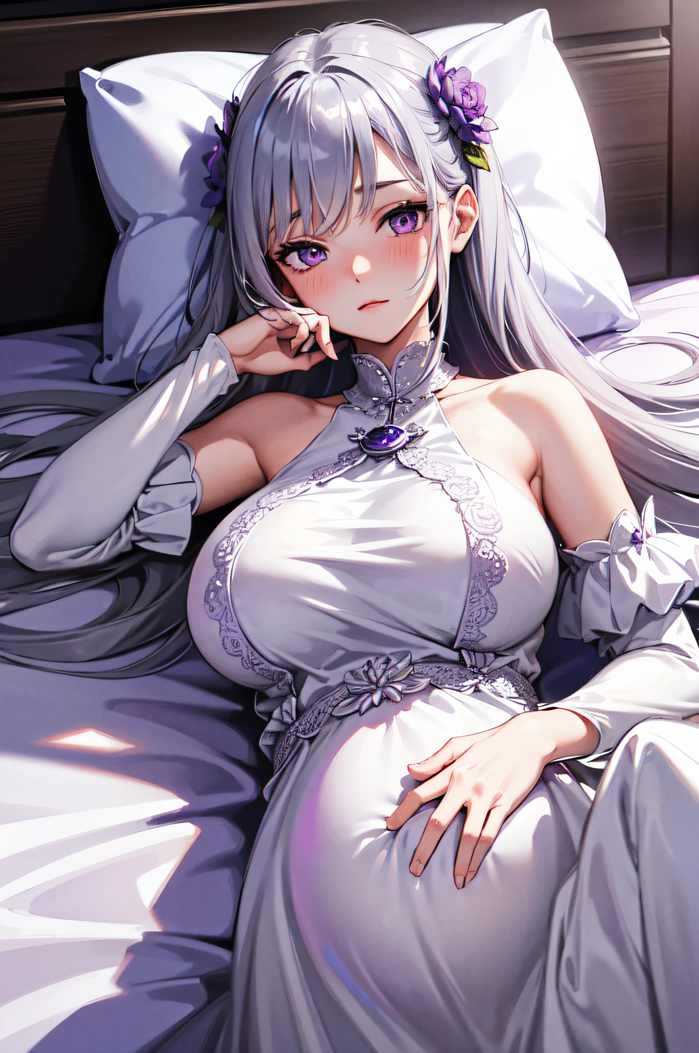 Masterpiece, Best Quality, highres, 1Girl, Solo, silver hair, purple Eyes, Upper body only, fantasy bed background, Fantasy dress Clothing, white clothes, lying on bed, large breast, pregnant, face blush