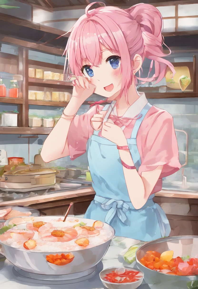 (Best Quality, 4k, Masterpiece:1.2), 1Boy, (Solo), Pink hair, Short short hair, Knee-length shorts, Light blue pants, apron, white top, Pants suspension, Light blue suspenders, Smiling mouth, ((No background)), Pink eyes, Sorrisos, hair ribbons, magia, cooking