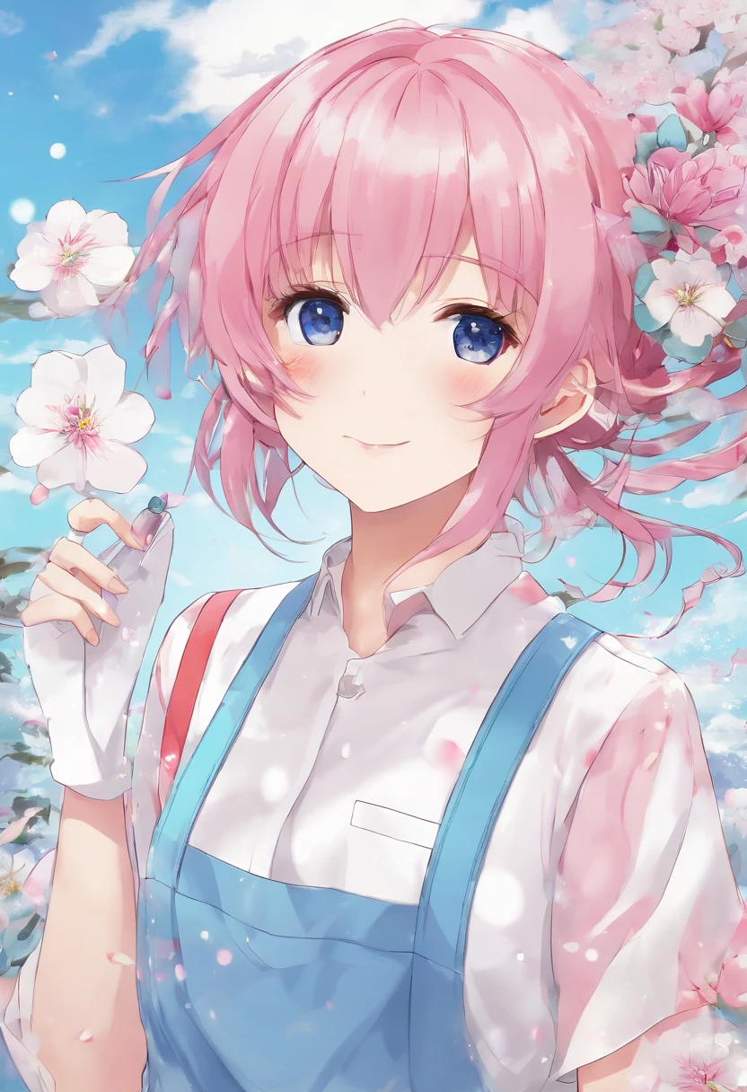(Best Quality, 4k, Masterpiece:1.2), 1Boy, (Solo), Pink hair, Short short hair, Knee-length shorts, Light blue pants, apron, white top, Pants suspension, Light blue suspenders, Smiling mouth, ((No background)), Pink eyes, Sorrisos, hair ribbons, magia, cooking