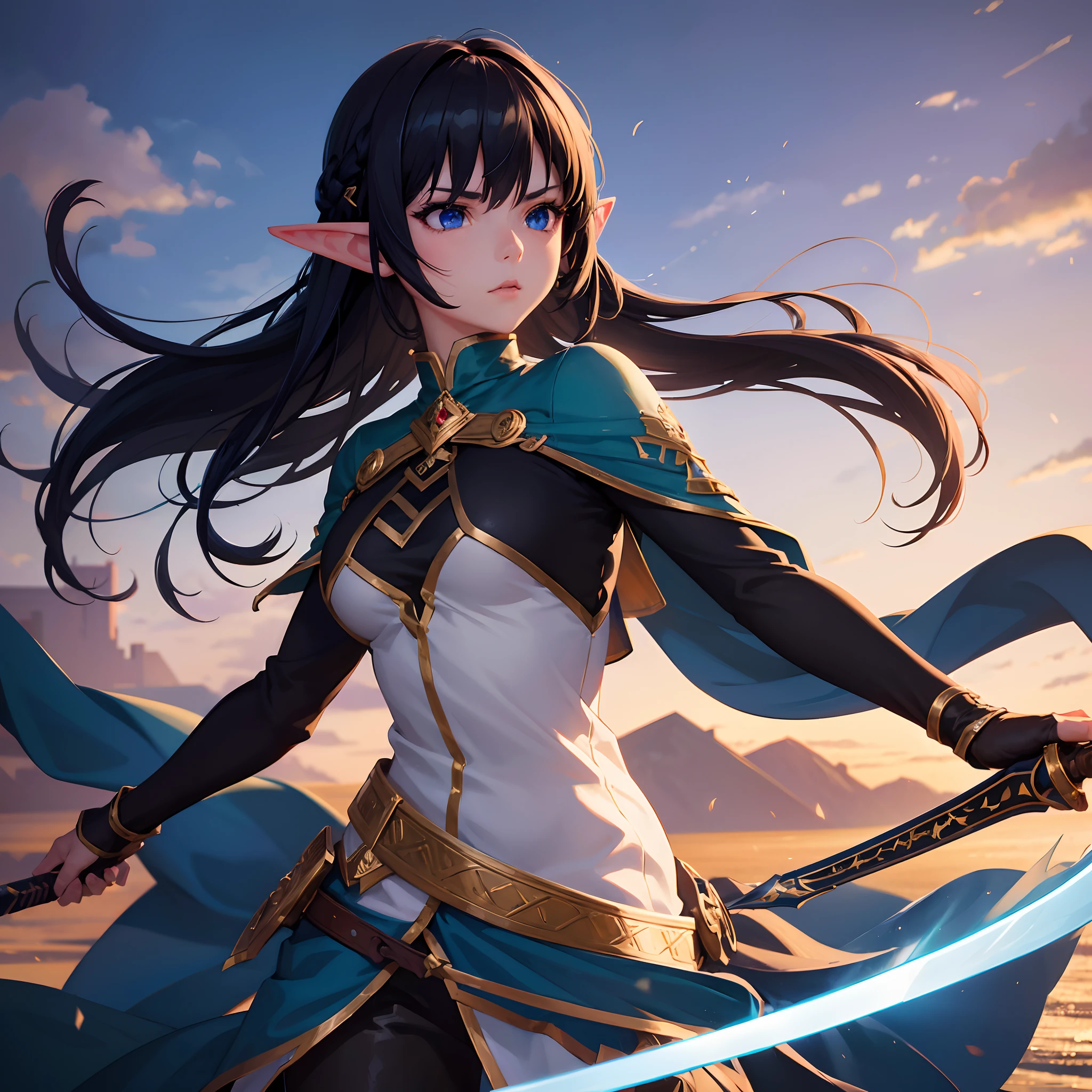 1 girl, elf , black hair ,blue eyes, sword master, anime , charming, beautiful ,4k ,8k ,royal background, bright