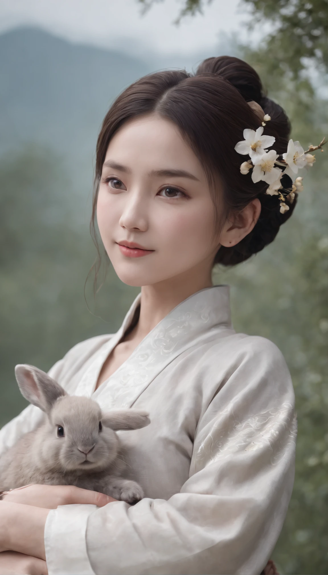 1girll, Moon, hair adornments, full moon, Cloud, sky,Night, Chinese clothes, Solo, Smile, Wide sleeves, Night sky, Long sleeves, flower, hug, hair flower, petals, child, Blush, parted lip, Black hair, Rabbit, Cloudy sky, forehead mark, Black eyes, face markings, updo, Artist name, Animal hugs, Hanfu, hair-bun, , Holding, Outdoors, Short hair, sleeves past wrists