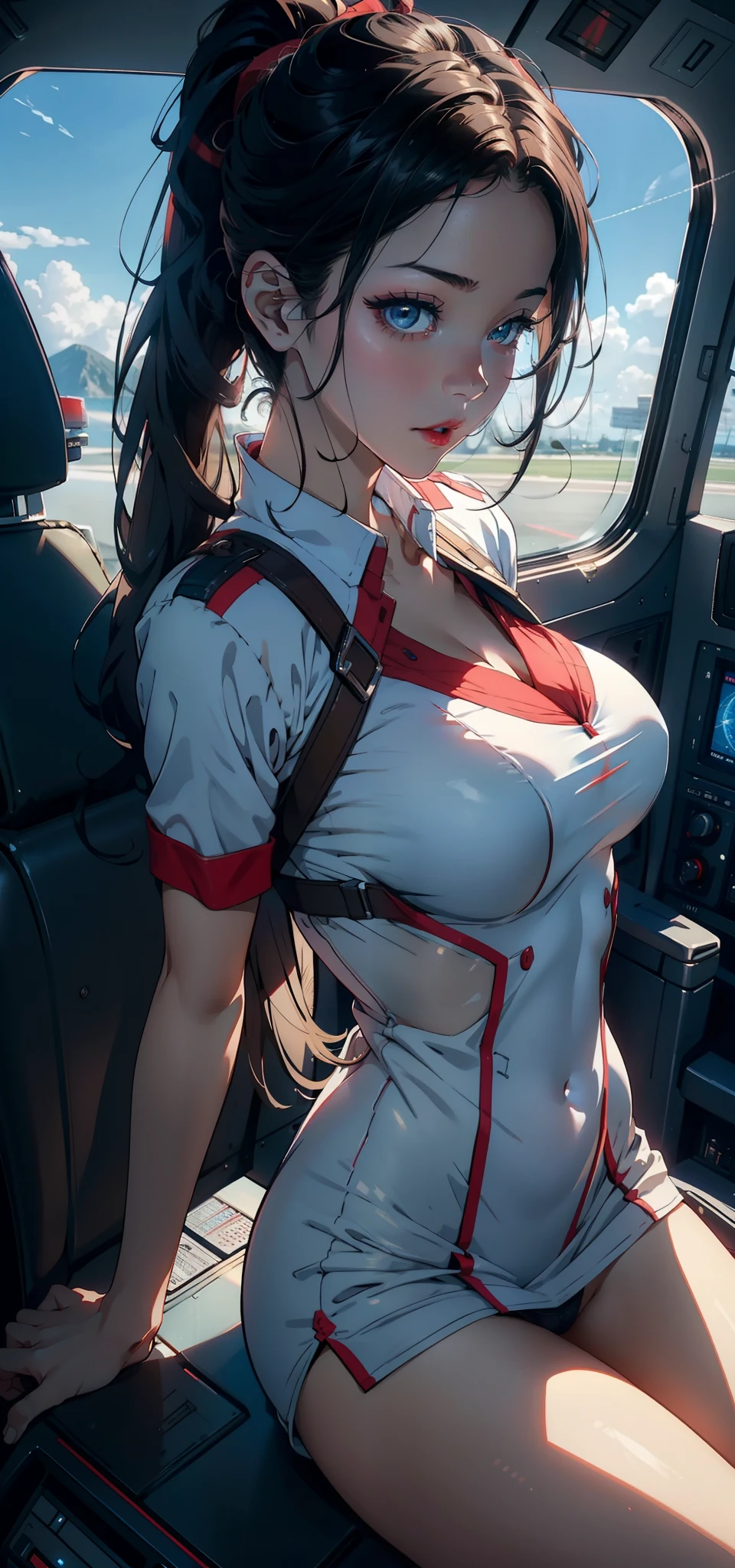1womanl,33yo,熟妇,A MILF,extremely large bosom,Raised sexy,Pornographic exposure, 独奏,(Background with:The plane is in flight,Airliner cockpit,inside of a cabin,The cabin,Planes,)On the plane, She has short black hair,High ponytail,Redlip,裸体少女,dynamicposes,seen from the front, hair straight, mostly cloudy sky,(((tmasterpiece),(Very detailed CG unity 8K wallpaper),best qualtiy,cinmatic lighting,detailed back ground,beatiful detailed eyes,Bright pupils,(Very fine and beautiful),(Beautiful and detailed eye description),Blue eyes,Redlip,ultra - detailed,tmasterpiece,)),facing at camera,(The upper part of the body),A high resolution,ultra - detailed),revealing breasts,Bare genitalia, Bulge,Leakage of the genitals,Incontinence,legs are open,sexyposture,Camel toes,Flushed complexion,Open-mouthed,frontage,stewardess,(Wearing:,Captain America uniform,short transparent dress,)Bare ,Bare lower body,legs are open