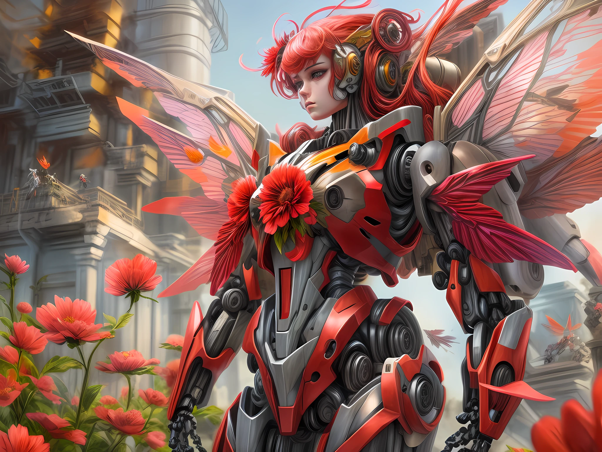a picture of a female mecha fairy standing near a flower full body, an exquisite beautiful (ultra detailed, Masterpiece, best quality) female mecha fairy, dynamic angle (best detailed, Masterpiece, best quality), best detailed face, ultra feminine, red hair, long hair, braided hair, dynamic eyes color, fairy_wings spread bright colors (mechanical fairyl wings: 1.2), (wearing mecha clothes: 1.4),  standing near a (red flower: 1.3) , day light, sun rising,  high details, fantasy art, RPG art best quality, 16k, [ultra detailed], masterpiece, best quality, (ultra detailed), full body, ultra wide shot, photorealistic, mecha musume