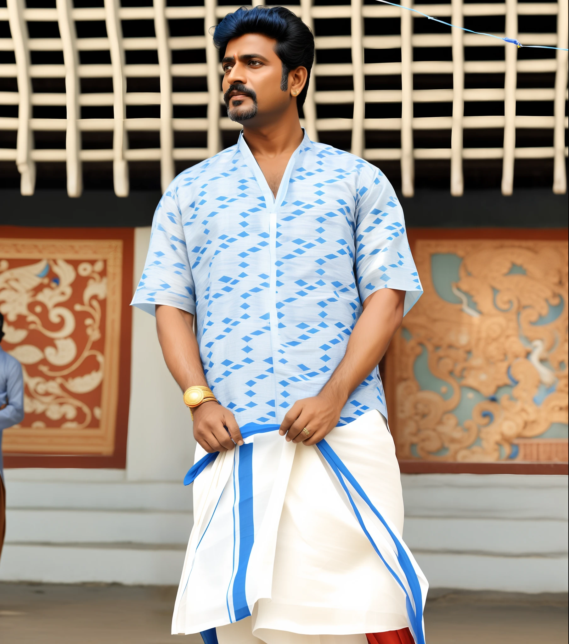 there is a man standing in front of a building with a kite, blue colored traditional wear, movie stills photography, wearing a silk kurta, wearing a kurta, with kerala motifs, in front of a temple, wearing traditional garb, inspired by Odhise Paskali, kerala motifs, still from a movie, wearing an elegant tribal outfit