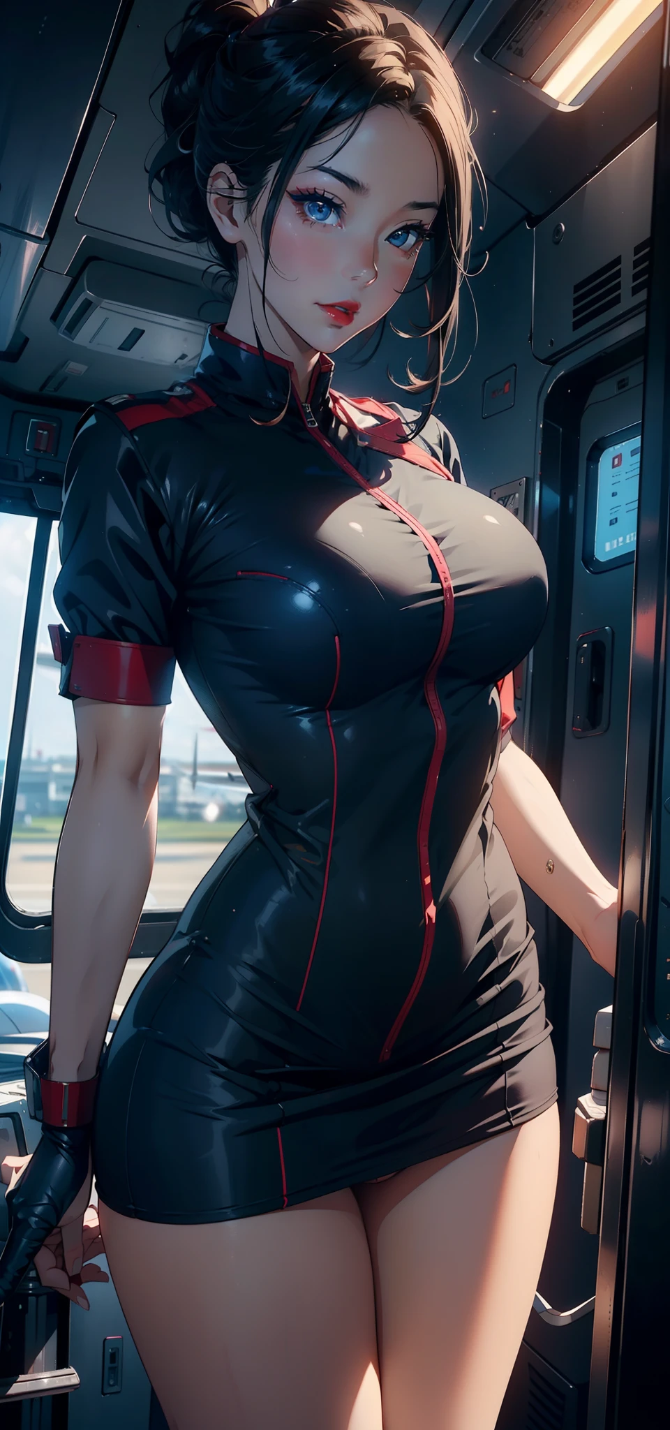 1womanl,33yo,熟妇,A MILF,extremely large bosom,Raised sexy,Pornographic exposure, 独奏,(Background with:The plane is in flight,Airliner cockpit,inside of a cabin,The cabin,Planes,)On the plane, She has short black hair,High ponytail,Redlip,裸体少女,dynamicposes,seen from the front, hair straight, mostly cloudy sky,(((tmasterpiece),(Very detailed CG unity 8K wallpaper),best qualtiy,cinmatic lighting,detailed back ground,beatiful detailed eyes,Bright pupils,(Very fine and beautiful),(Beautiful and detailed eye description),Blue eyes,Redlip,ultra - detailed,tmasterpiece,)),facing at camera,(The upper part of the body),A high resolution,ultra - detailed),revealing breasts,Bare genitalia, Bulge,Leakage of the genitals,Incontinence,legs are open,sexyposture,Camel toes,Flushed complexion,Open-mouthed,frontage,stewardess,(Wearing:,Captain America uniform,short transparent dress,)Bare ,Bare lower body,legs are open