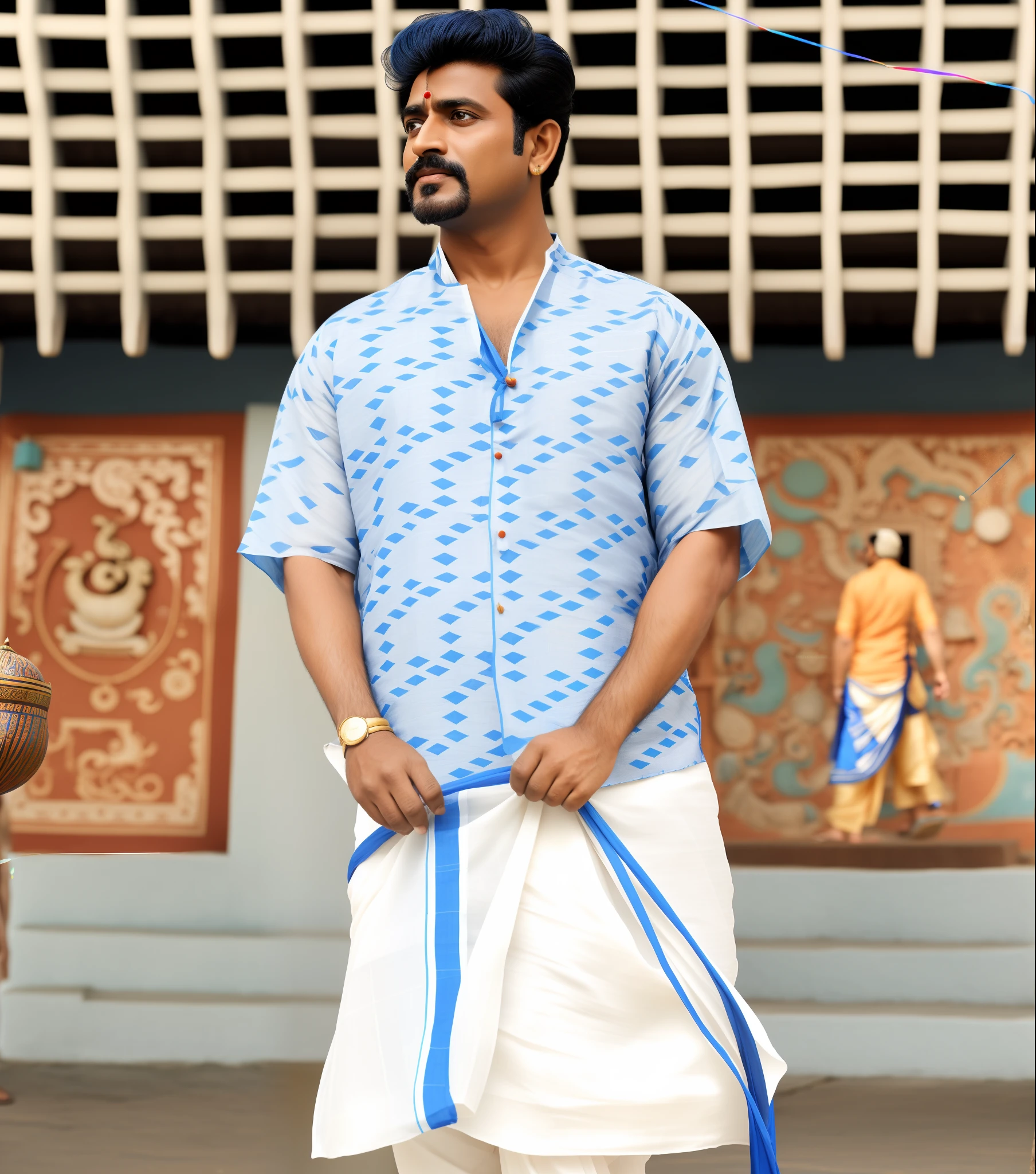 there is a man standing in front of a building with a kite, blue colored traditional wear, movie stills photography, wearing a silk kurta, wearing a kurta, with kerala motifs, in front of a temple, wearing traditional garb, inspired by Odhise Paskali, kerala motifs, still from a movie, wearing an elegant tribal outfit