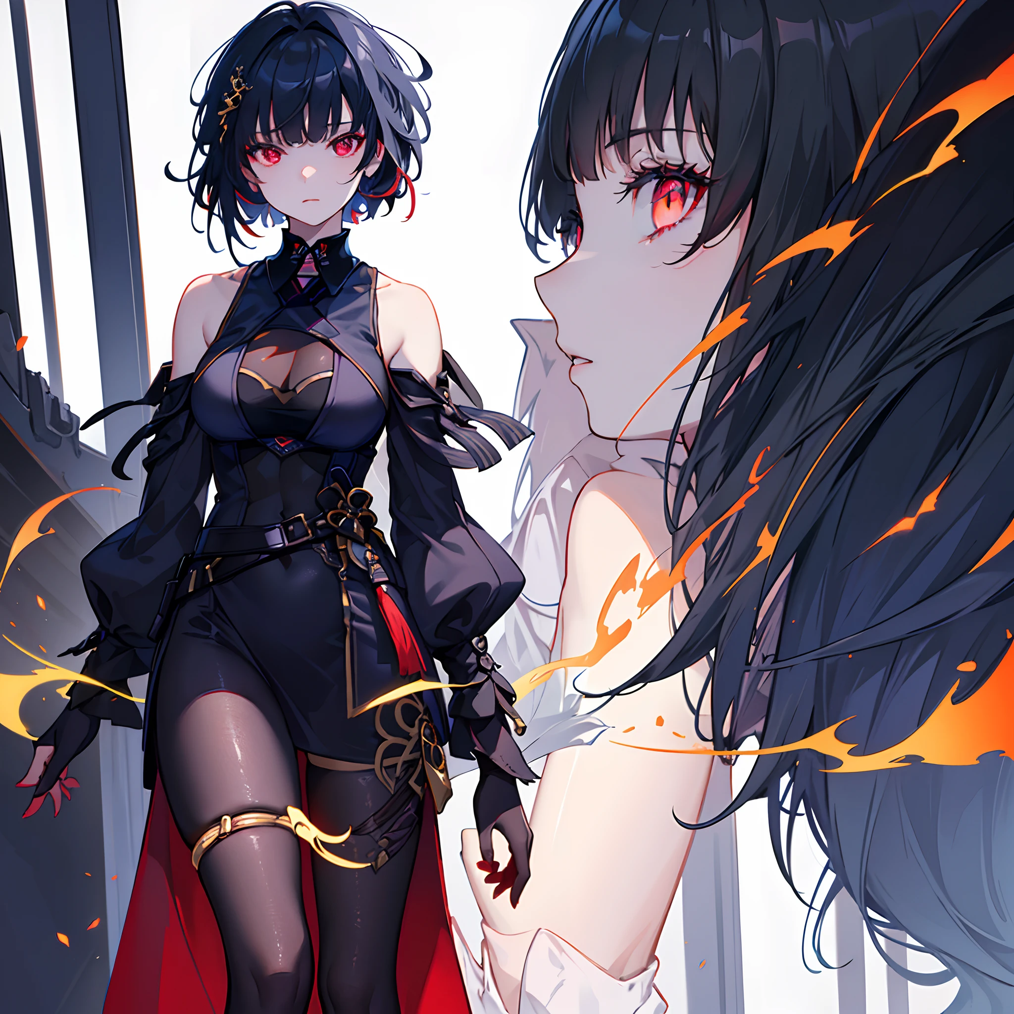 Masterpiece, best quality, aberrant colours, 1 girl, solo, (dim_lighting:1.3), far away view, (zoomed_out:1.3), shoulder look, long open outfit over blue blouse, loose short hair, black hair, glowing red eyes, dark colours, standing atop a high cliff