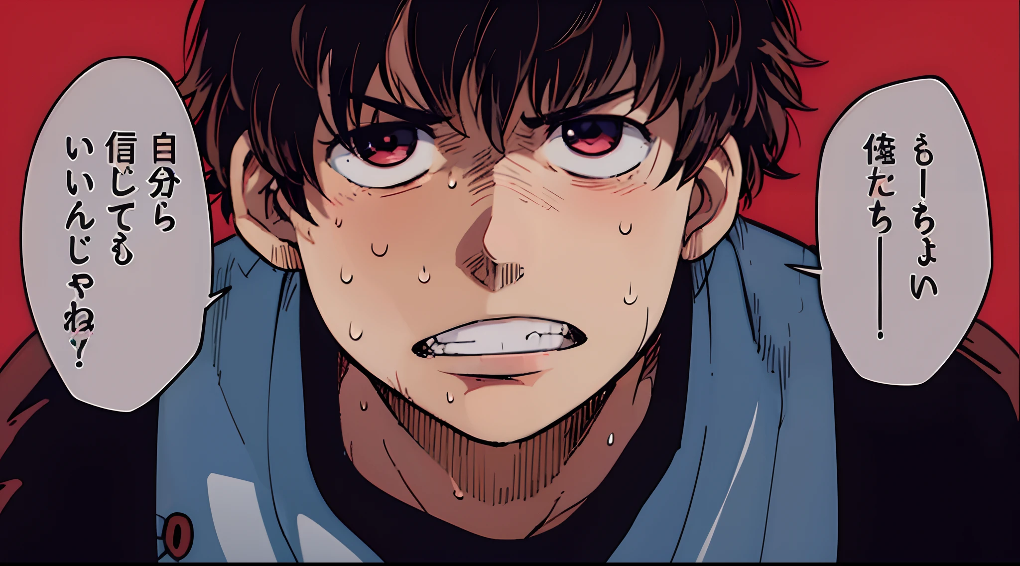 a anime of a boy cartoon, (tooth, teeth), black hair, sweat, manga, text manga, color manga, manga color, color manga, color manga panel, simple background