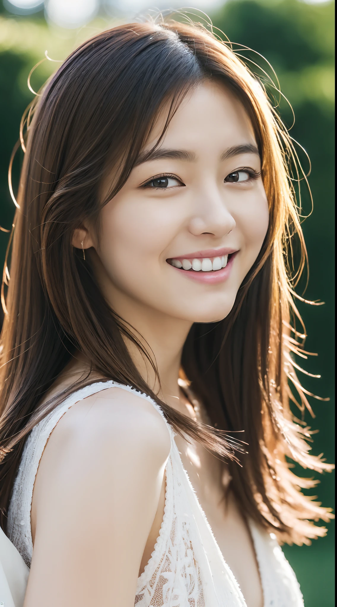 (masutepiece, Best Quality, Photorealistic, Ultra-detailed, Finely detailed, High resolution, 8K Wallpaper), Close up portrait of one beautiful woman, Cha Riyada, Smiling, light brown messy hair, Perfect dynamic composition, Beautiful detailed eyes, Like the cover of a fashion magazine, at campus