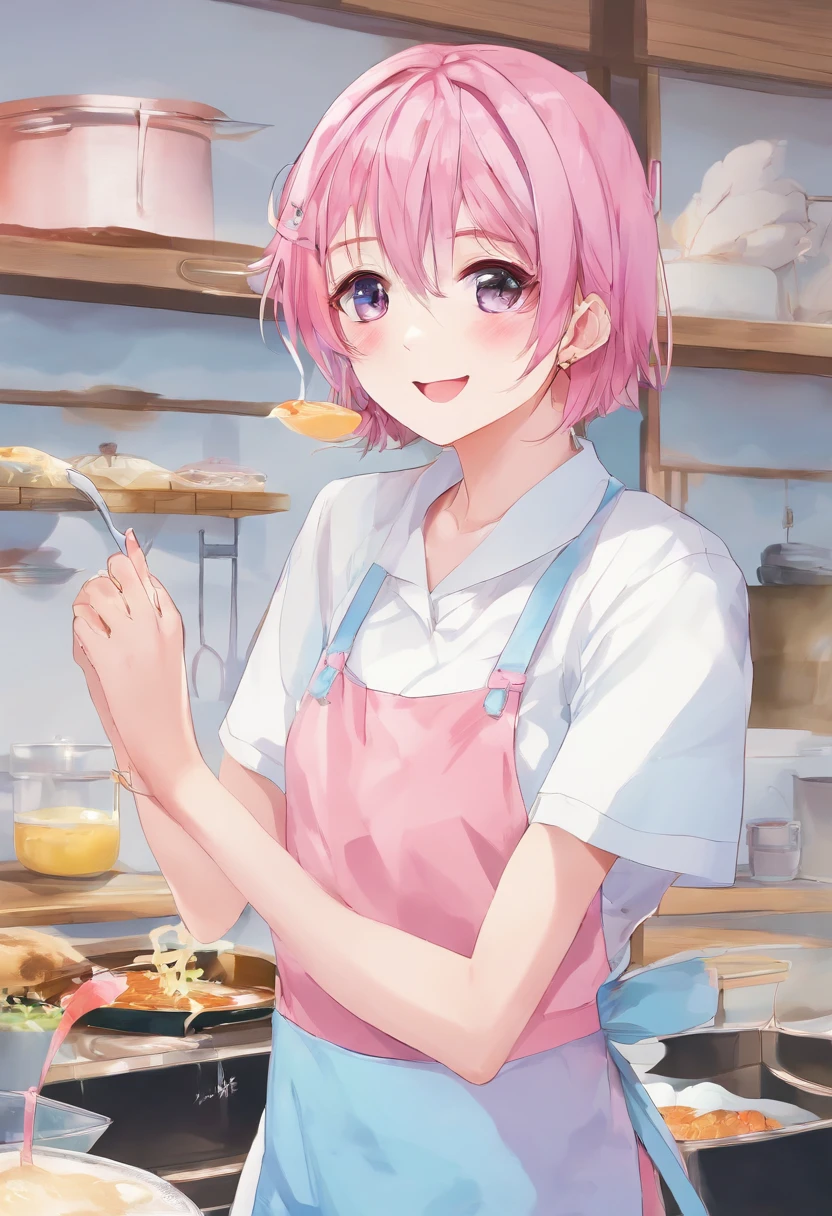 (Best Quality, 4k, Masterpiece:1.2), ((1Boy)), boy, (Solo), Pink hair, Short short hair, Knee-length shorts, Light blue pants, apron, white top, Pants suspension, Light blue suspenders, Smiling mouth, ((No background)), Pink eyes, Sorrisos, hair ribbons, magia, cooking