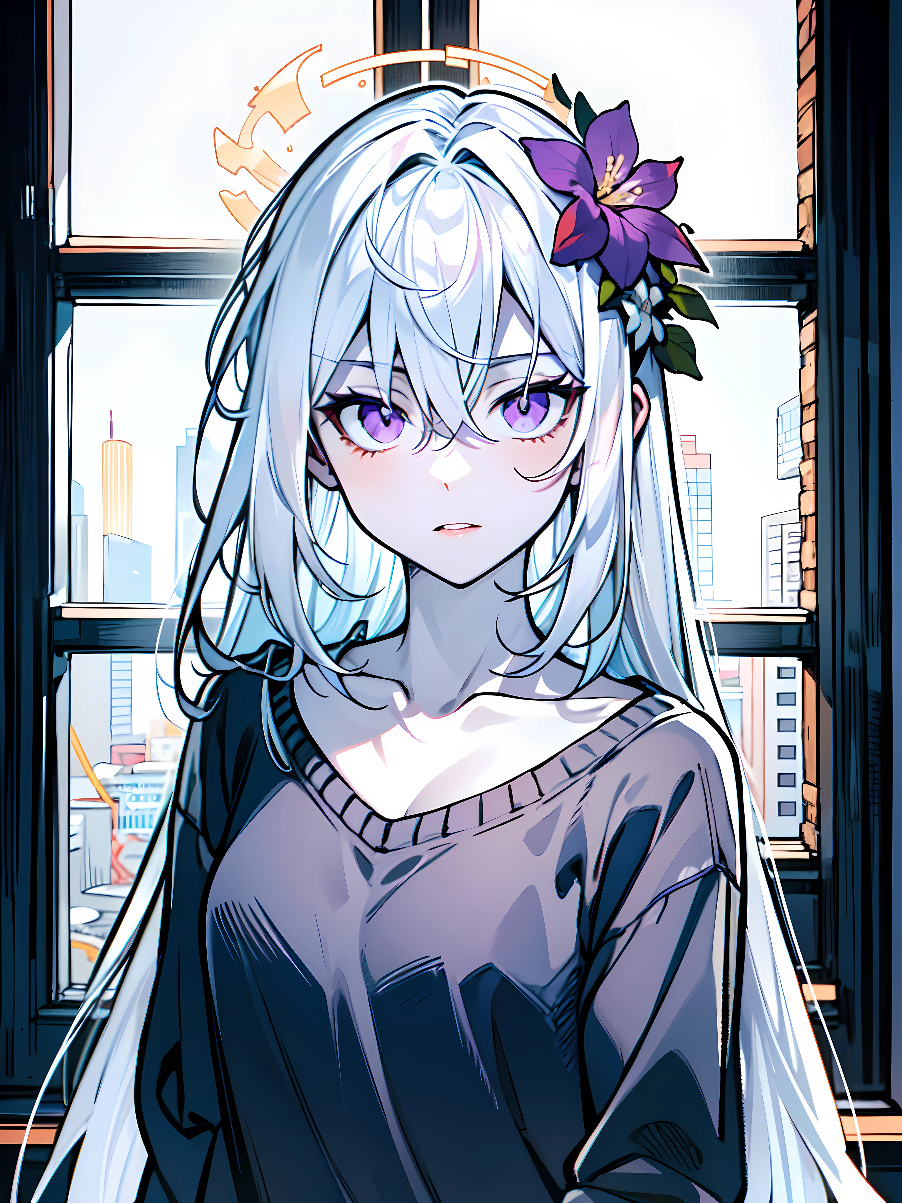 (masterpiece:1.2), (pale skin:1.1), (solo:1.2), (female:1.1), (emphasis lines:1.3), bangs, white hair, long hair, casual, (sweater:1.1), purple eyes, (hair flower:1.1), collarbone, (indoors:1.1)