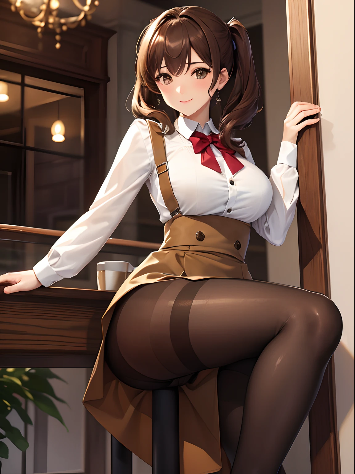 (top-quality: 1.3)、(​masterpiece: 1.3)、(The ultra-detailliert: 1.3)、(wall-paper, one girls)、(Classy shirt:1.3)、(Knee-length tight skirt:1.3)、(Shiny brown pantyhose:1.3)、(Brown hair:1.3)、Medium Hair、poneyTail、(Beautiful Large Breasts:1.3)、in a cafe、Cafe Clerk、Naughty smile、Beautiful butt、Hide your buttocks with your hands、You can see a little bit of the shape of the buttocks from the top of the clothes、Focus on the thighs、pinafore