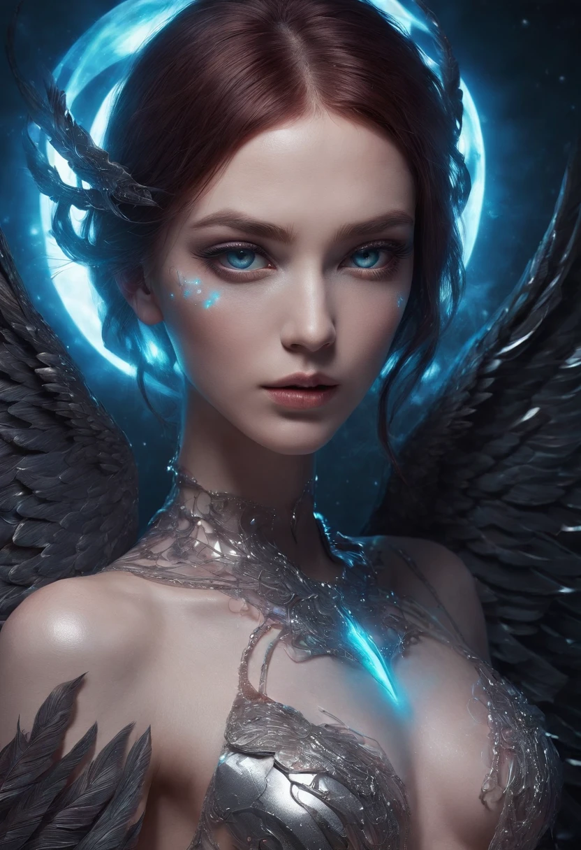 Cosmic Fallen Angel, glowing light eyes, Delicate and beautiful face,Bigchest,Biomechanical, eerie, Dream-like, Very bright colors, Light particles, with light glowing, Lucifer, wallpaper art, UHD wallpaper