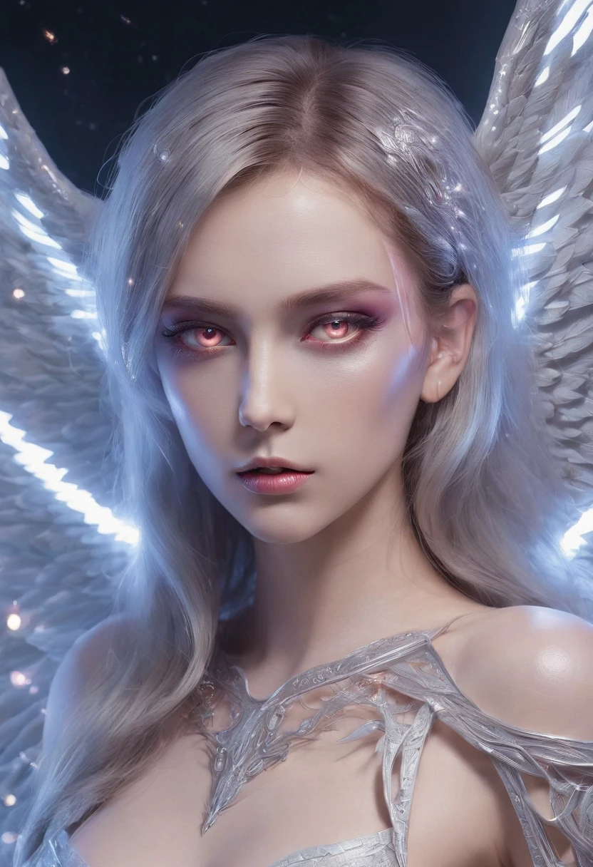 Cosmic Fallen Angel, glowing light eyes, Delicate and beautiful face，Bigchest，Biomechanical, eerie, Dream-like, Very bright colors, Light particles, with light glowing, Lucifer, wallpaper art, UHD wallpaper