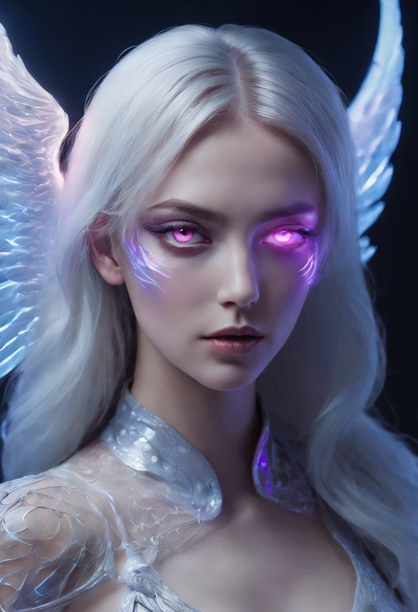 Cosmic Fallen Angel, glowing light eyes, Delicate and beautiful face,Bigchest,Biomechanical, eerie, Dream-like, Very bright colors, Light particles, with light glowing, Lucifer, wallpaper art, UHD wallpaper