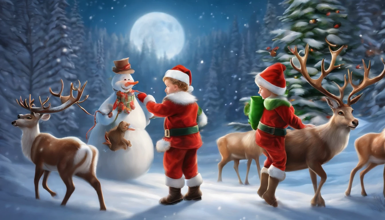 Mainly Christmas theme,Rich and super interesting content,(Santa Claus,Reindeer,Christmas Elves,Naughty Children,Nice Children)Painting way display,Super HD,ultra-detailliert,rendering, high details high quality --aspect 16:9