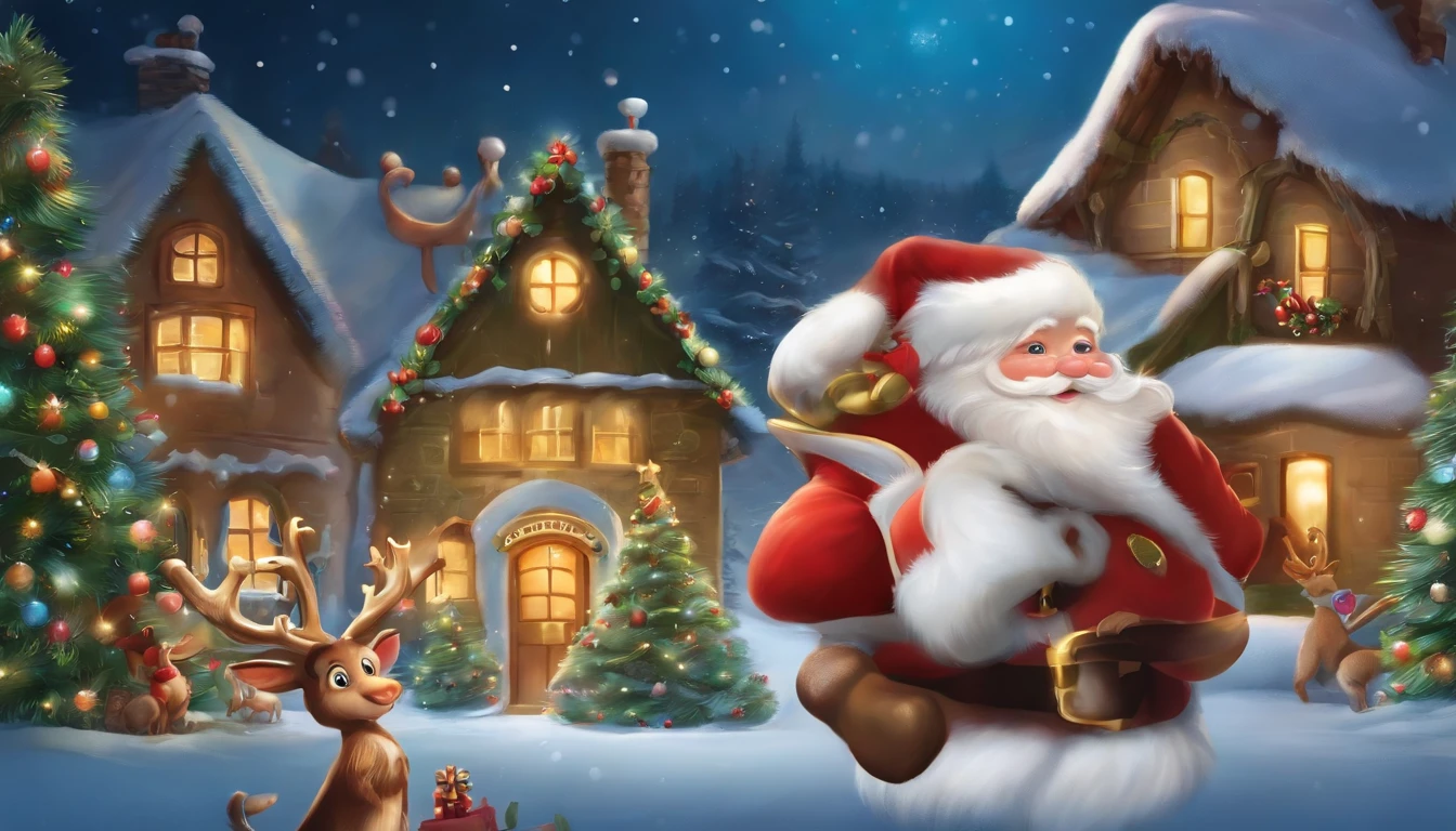 Mainly Christmas theme，Rich and super interesting content，（Santa Claus，Reindeer，Christmas Elves，Naughty Children，Nice Children）Painting way display，Super HD，ultra-detailliert，rendering，  high details  high quality --aspect 16:9