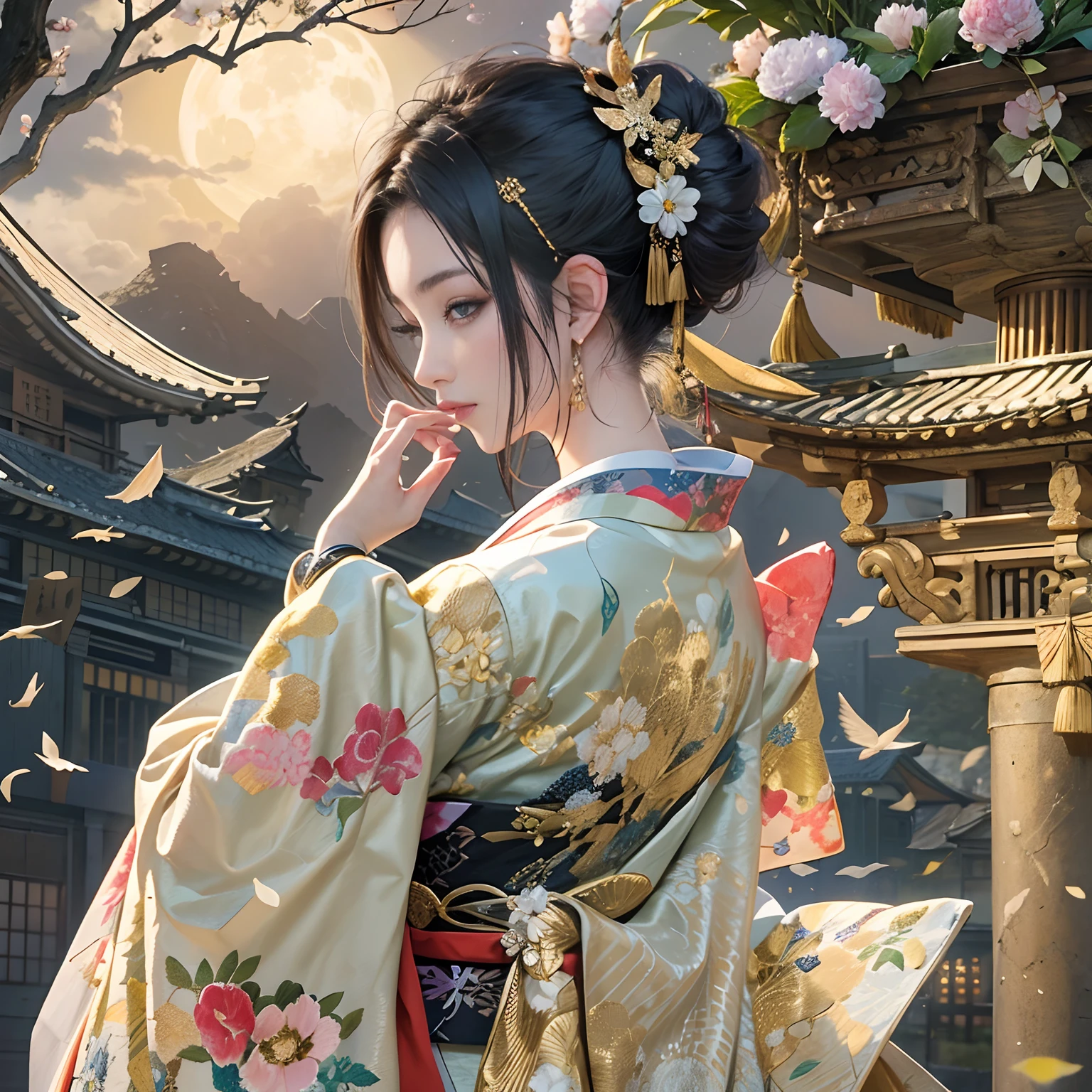 Trying to give a bouquet of flowers to a viewer、
watching at viewers、Ancient capital and moon in the background、((Dense background))、poneyTail、Woman with shiny black hair、perfect hand、break {{{Luxury kimono(Colorful kimono(Detailed golden embroidery,))}}}、face perfect,Depict a beautiful and graceful woman of Japan。Heart in the eye。full body Esbian。 Wallpaper 8K, .Blur the background with a sickle,((masutepiece)), ((Best Quality))