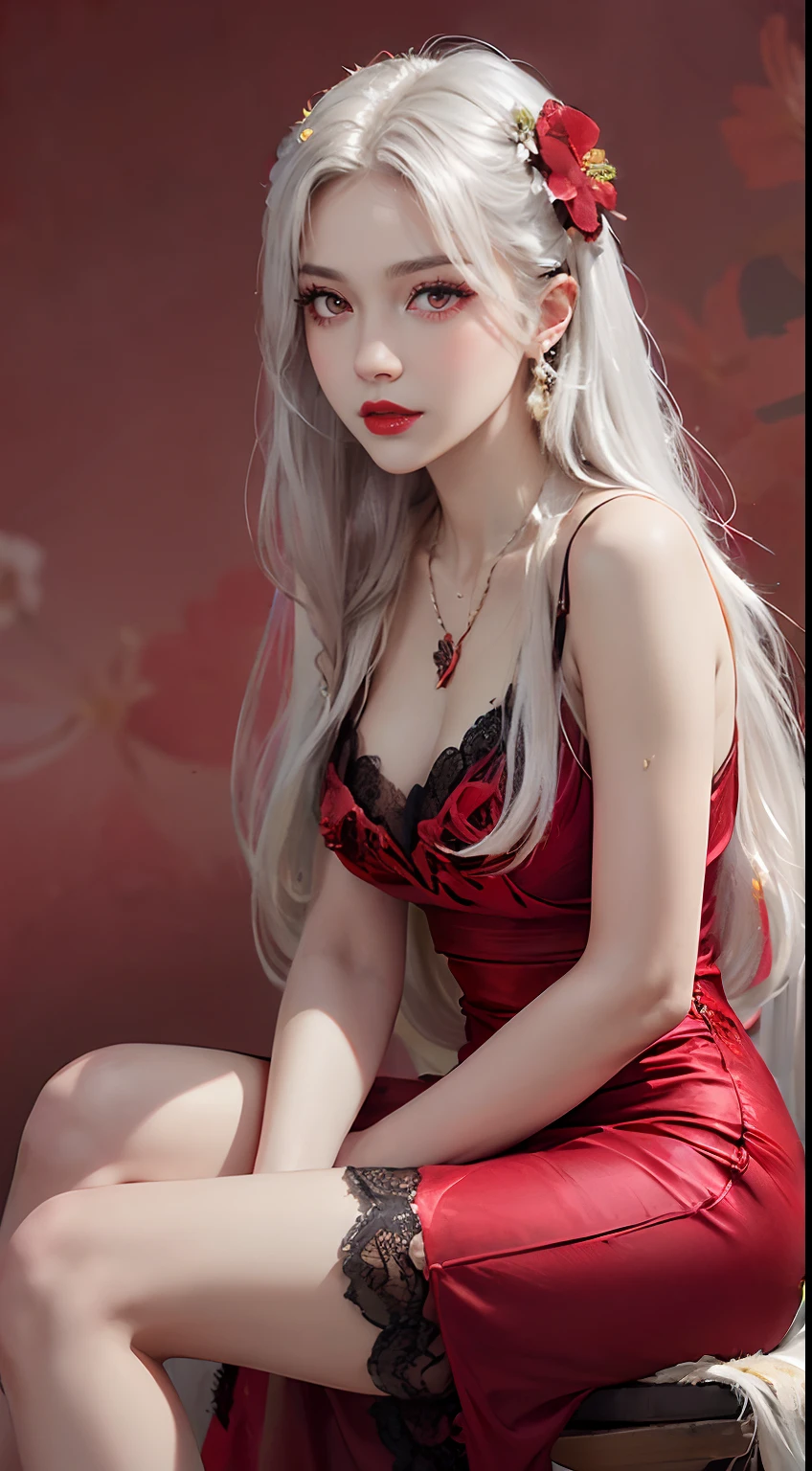 1 beautiful and sexy 20 year old girl, ((wearing a super thin red dress:1.8)), dress with diamonds, ((long platinum hair:1.6)), bangs, elaborate jewelry made from gemstones and beautiful hair, ( ( wearing a black lace necklace:1.4))), noble, noble style of an extremely beautiful girl, super cute little face, very pretty face , sparse eyebrows, beautiful, flawless face, ((black eye pupils: 0.8))), very pleasing to the eyes, ((light red eyes: 1.5)), beautiful makeup and hair, fur detailed eyelashes, wet eye makeup, high nose, earrings, red lips, ((closed mouth: 1;5 )) beautiful lips, slim hands, most beautiful thighs, ((arms spread to the sides: 1.5) ), rosy face, clean face, flawless beautiful face, smooth white skin, (big breasts: 1.5)), ((high breasts: 1.6) ), firm breasts, beautiful cleavage, (((big and super round : 1.8 ))), ((super tight breasts: 1.7)), beautiful breasts, ((chest puffed out: 0.8)), ((hands on the floor: 1.5)), ((sitting on the ground with thighs spread: 1.5)) , black sheer fishnet stockings with black lace, ((sit down facing viewer:1.6)), 8k photo, super high quality, hyper realistic, super 10x pixels, optical research, light studio, lighting edge, two-tone lighting, (high detail skin:1.2), ultra 8k, soft lighting, high quality, volumetric lighting, optical geometry, high resolution optical, lighting, best photo, 4k, 8k quality, blur effect, smooth focus, 10 x pixels, ((red flower background:1.7)), aurora, lightning, surreal graphics, most realistic mapping , alone, solo, extremely sharp, surreal image, upper body of girl, (((frontal portrait:1.4)))."