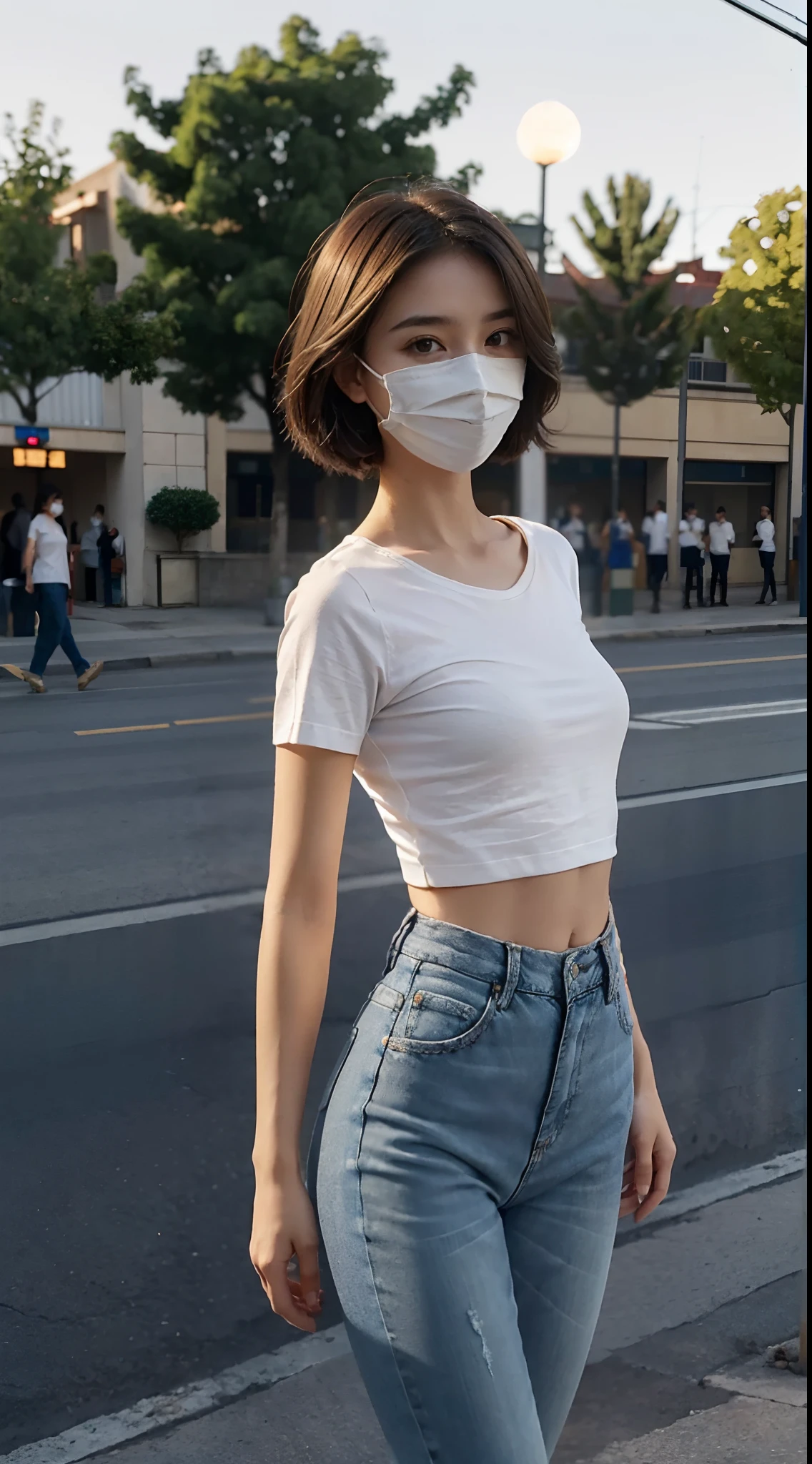 ((Small underboob)), (shoulder length straight short hair: 1.2), （Extremely meticulous CG 8k wallpaper），（Extremely refined and beautiful），（Masterpiece），（best qualtiy：1.0），（Ultra High Resolution：1.0），beautiful light up，Perfect lightning，realistic shaded，[A high resolution]，Smooth and flawless fair skin，Extremely exquisite facial details，（perfect body：1.1），ultra - detailed，A beautiful girl，small head，Short ponytail,(Small breasts:1.1)，Flat chests，slim，thin，Smile，cheerfulness，（oversized longline long sleeved off white Tee:1.1），（Light gray shorts:1.1）,Light gray mask,White socks,slippers，Summer，Dusk, sunset light，Standing at the school gate，Close Shot，Surrounded by a crowded crowd