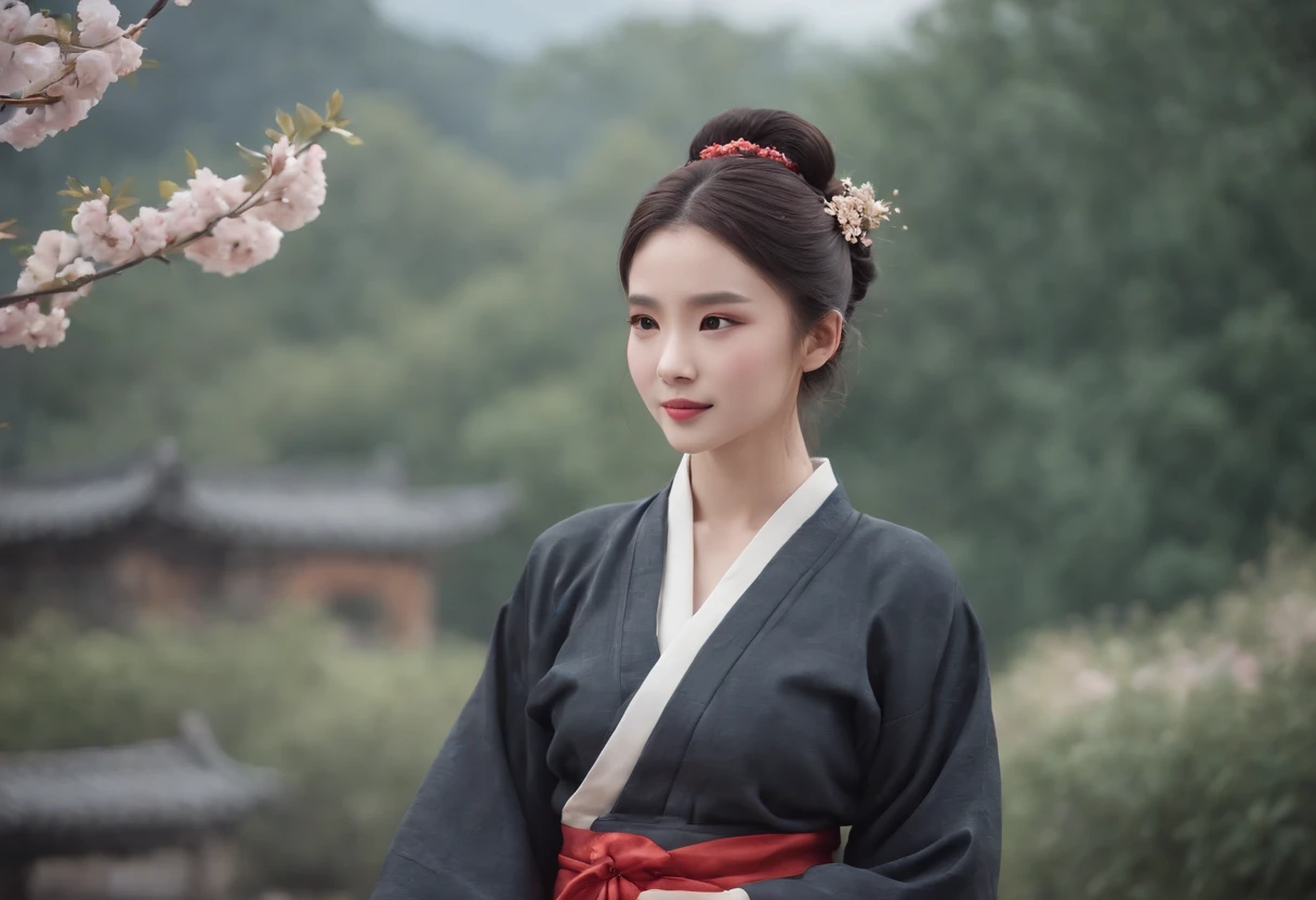 1girll, Moon, hair adornments, full moon, Cloud, sky,Night, Chinese clothes, Solo, Smile, Wide sleeves, Night sky, Long sleeves, flower, hug, hair flower, petals, child, Blush,  Black hair,  Cloudy sky, forehead mark, Black eyes, face markings, updo, Artist name, Animal hugs, Hanfu, hair-bun, Outdoors, Short hair, sleeves past wrists