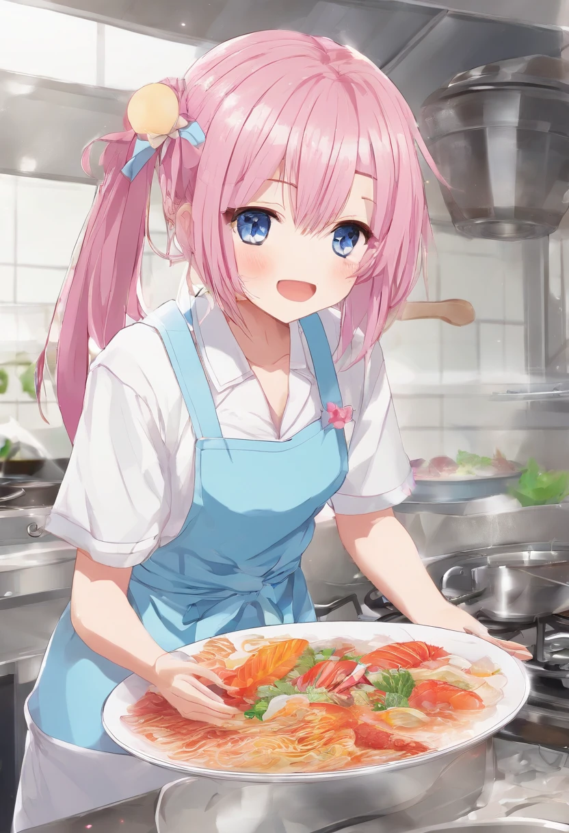 (Best Quality, 4k, Masterpiece:1.2), 1Boy, ((A boy)), (Solo), Pink hair, Short short hair, Knee-length shorts, Light blue pants, apron, white top, Pants suspension, Light blue suspenders, Smiling mouth, ((No background)), Pink eyes, Sorrisos, hair ribbons, magia, cooking