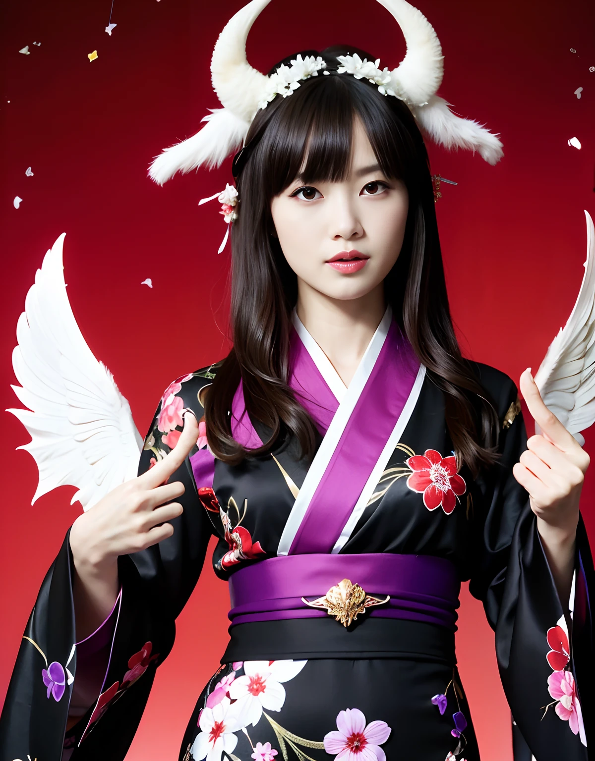 ((White ghost flies)),Professional , masterpiece、top-quality、photos realistic , depth of fields 、(Various poses)、(Background of cherry blossoms in full bloom),(Ultimate Beauty)、(A dark-haired)、(Fight ninjas)、(Kimono with scary pattern)、(Night background)、((Devil's Wings Grow)),(Wear a kimono with a horror pattern),(Wearing a beautiful kimono with colorful scary patterns)、Jewel Gold Weapon、Particles of light),(Has a devil's mask)、Gorgeous gold weapons ,Skeleton population、(( Gorgeous Dragon Sword)) , (a dark night),,(White ghost flies) 、((Black Haired Beautiful Girl))、(Castle background)、(demonic wings)、((Gangle's forest background))、Beautiful Caucasian beauty、1a person、dynamic ungle,(((Two devil's horns on the head)))、Smaller head、Idle Smile、Thin and beautiful female hands、Mystical expression、Light Effects、intense fighting、Wind-effect、magic circles、With the legendary magic wand、Dragon's tail、