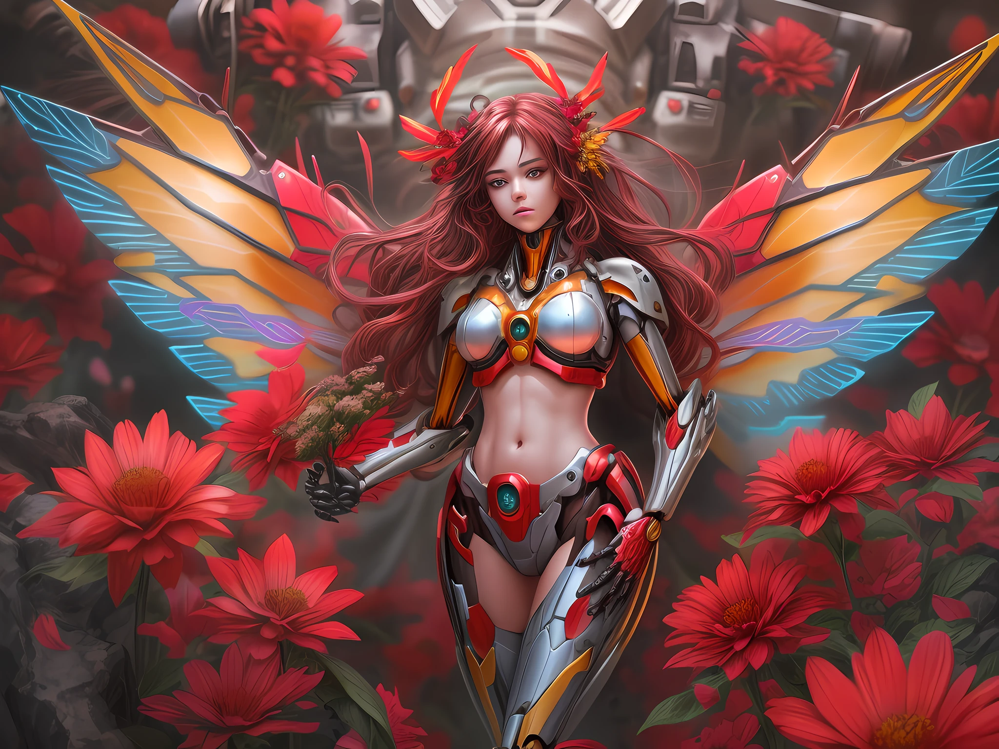 a picture of a woman mecha fairy standing near a red flower full body, an exquisite beautiful (ultra detailed, Masterpiece, best quality: 1.3) female mecha fairy, dynamic angle (best detailed, Masterpiece, best quality), best detailed face (best detailed, Masterpiece, best quality), ultra feminine (best detailed, Masterpiece, best quality), red hair, long hair, braided hair, dynamic eyes color, fairy_wings spread bright colors (mechanical fairyl wings: 1.2), (wearing mecha clothes: 1.4),  standing near a (red flower: 1.3) , day light, sun rising,  high details, fantasy art, RPG art best quality, 16k, [ultra detailed], masterpiece, best quality, (ultra detailed), full body, ultra wide shot, photorealistic, mecha musume