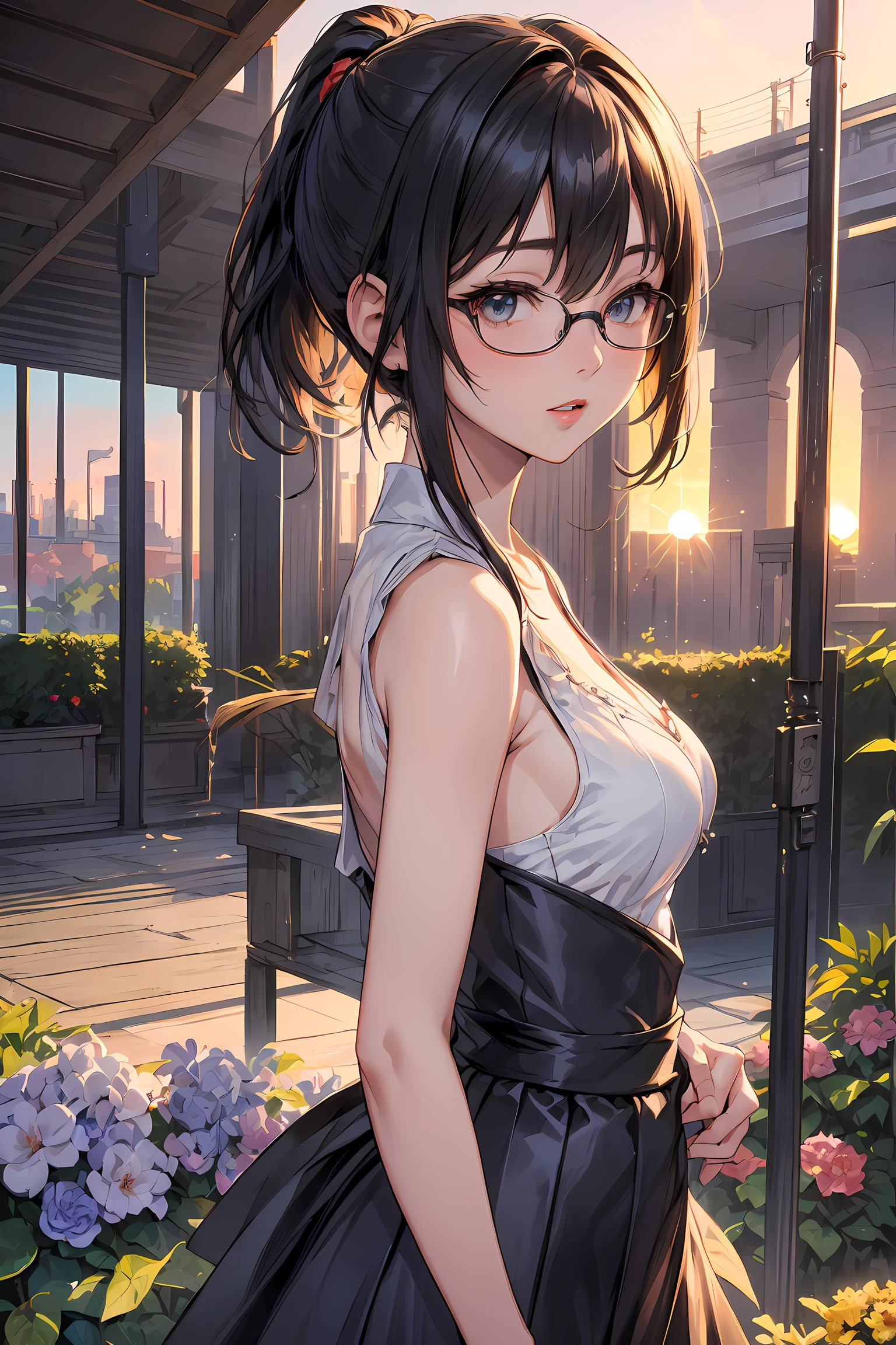 (1glasses girl:1.3, solo), (Audrey Hepburn:1.3), (a extremely pretty and beautiful Japanese woman), (sexy girl), (professional attire:1.3), (22 years old: 1.1), (walking on red carpet:1.3), (attractive random posing:1.3), (in the sunset royal garden:1.3), (looking straight at you:1.3), (starring at you:1.3), (front view:1.3), (from side:1.3), break, (ponytail:1.3), (shiny-black thin hair:1.2), bangs, dark brown eyes, beautiful eyes, princess eyes, (big eyes:1.3), bangs, wearing a glasses:1.3, Hair between eyes, short hair:1.3, (slender:1.1), (small-medium-breasts:0.95), (thin waist: 1.15), (detailed beautiful girl: 1.4), Parted lips, Red lips, full-make-up face, (shiny skin), ((Perfect Female Body)), (upper body image:1.3), Perfect Anatomy, Perfect Proportions, (most beautiful Korean actress face:1.3, extremely cute and beautiful Japanese actress face:1.3), BREAK, (View viewer, wearing a lovely bitch cordinate, (insanely detailed yellow camisole dress:1.3), (white sleeveless top:1.3), (pin-heels:1.3), detailed clothes, BREAK, (detailed royal sunset flower garden background:1.2), (splash playing blue butterflies background:1.2), (Studio soft lighting: 1.3), (fake lights: 1.3), (backlight: 1.3), BREAK, (Realistic, Photorealistic: 1.37), (Masterpiece, Best Quality: 1.2), (Ultra High Resolution: 1.2), (RAW Photo: 1.2), (Sharp Focus: 1.3), (Face Focus: 1.2), (Ultra Detailed CG Unified 8k Wallpaper: 1.2), (Beautiful Skin: 1.2), (pale Skin: 1.3), (Hyper Sharp Focus: 1.5), (Ultra Sharp Focus: 1.5), (Beautiful pretty face: 1.3), (super detailed background, detail background: 1.3), Ultra Realistic Photo, Hyper Sharp Image, Hyper Detail Image,